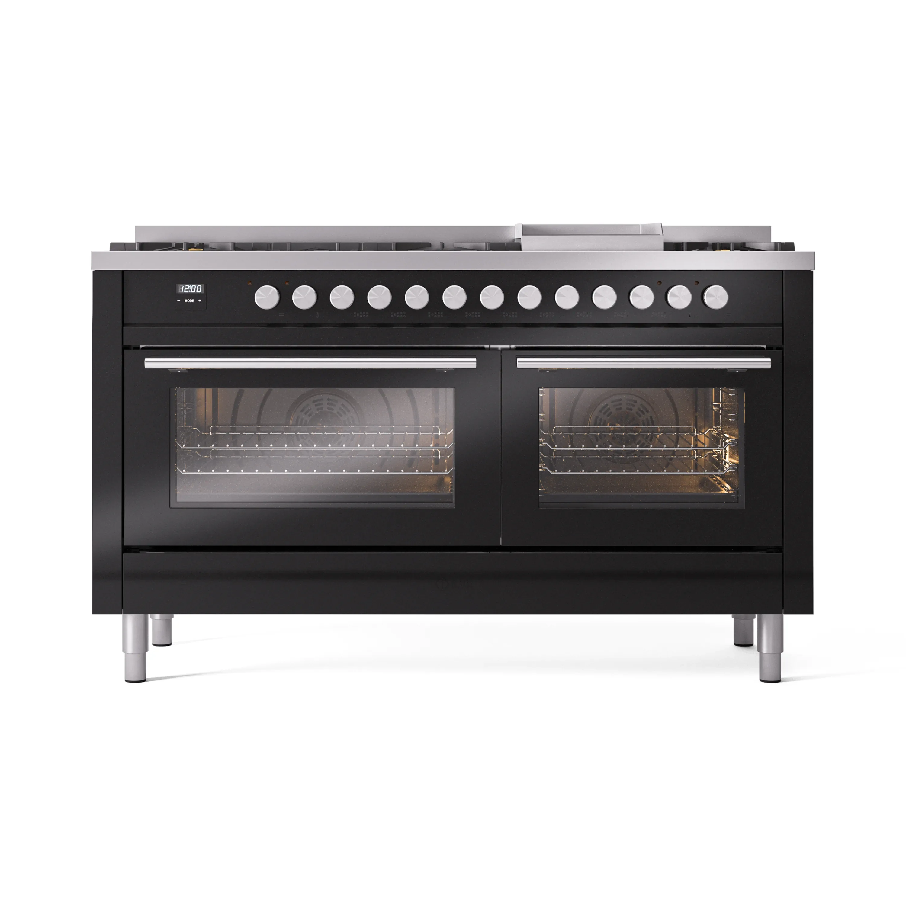 ILVE 60-inch Professional Plus II Natural Gas Dual Fuel Range with 9 Burners, Griddle, and Triple Glass Door Oven in Glossy Black (UP60FWMPBK) - Image 2