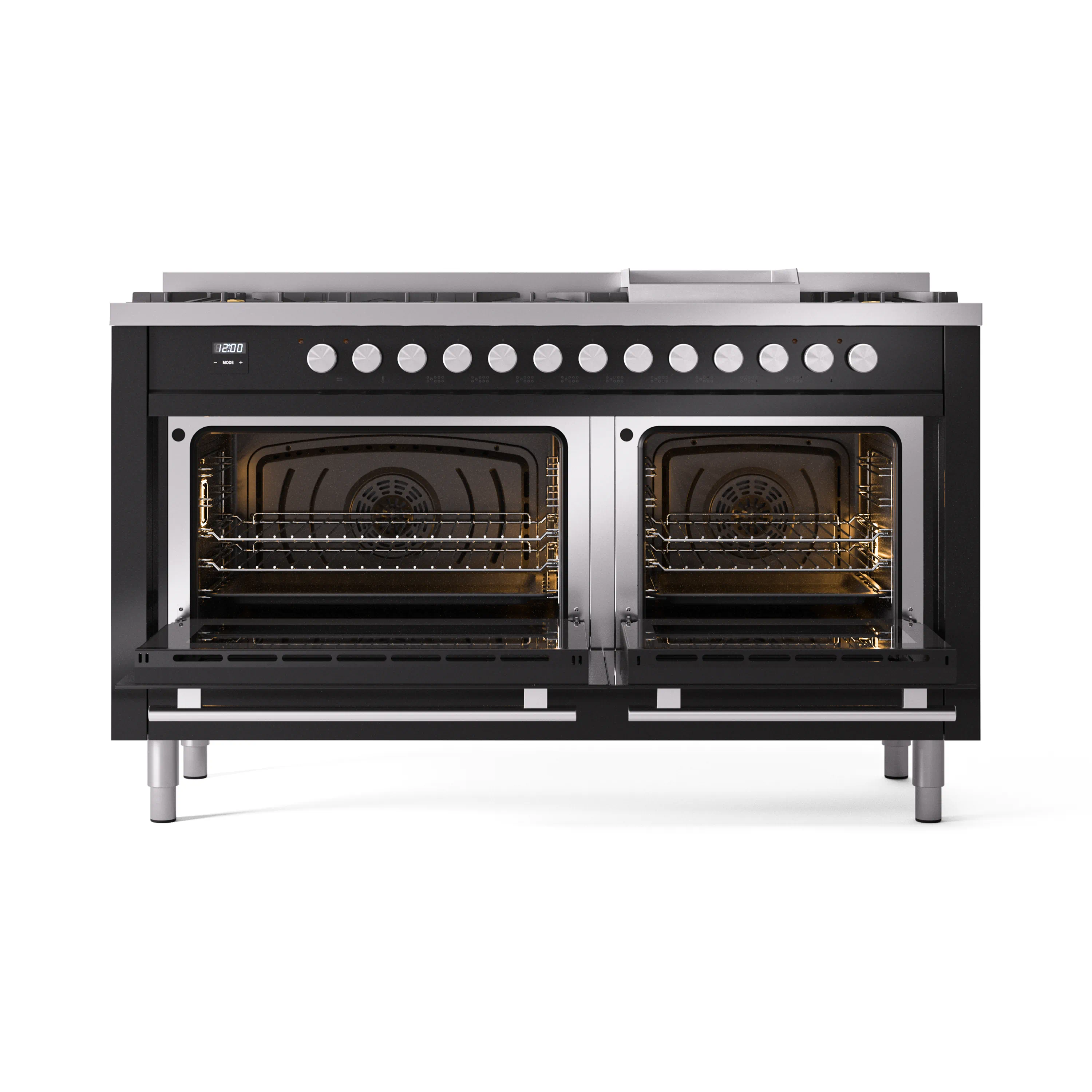 ILVE 60-inch Professional Plus II Natural Gas Dual Fuel Range with 9 Burners, Griddle, and Triple Glass Door Oven in Glossy Black (UP60FWMPBK) - Image 5