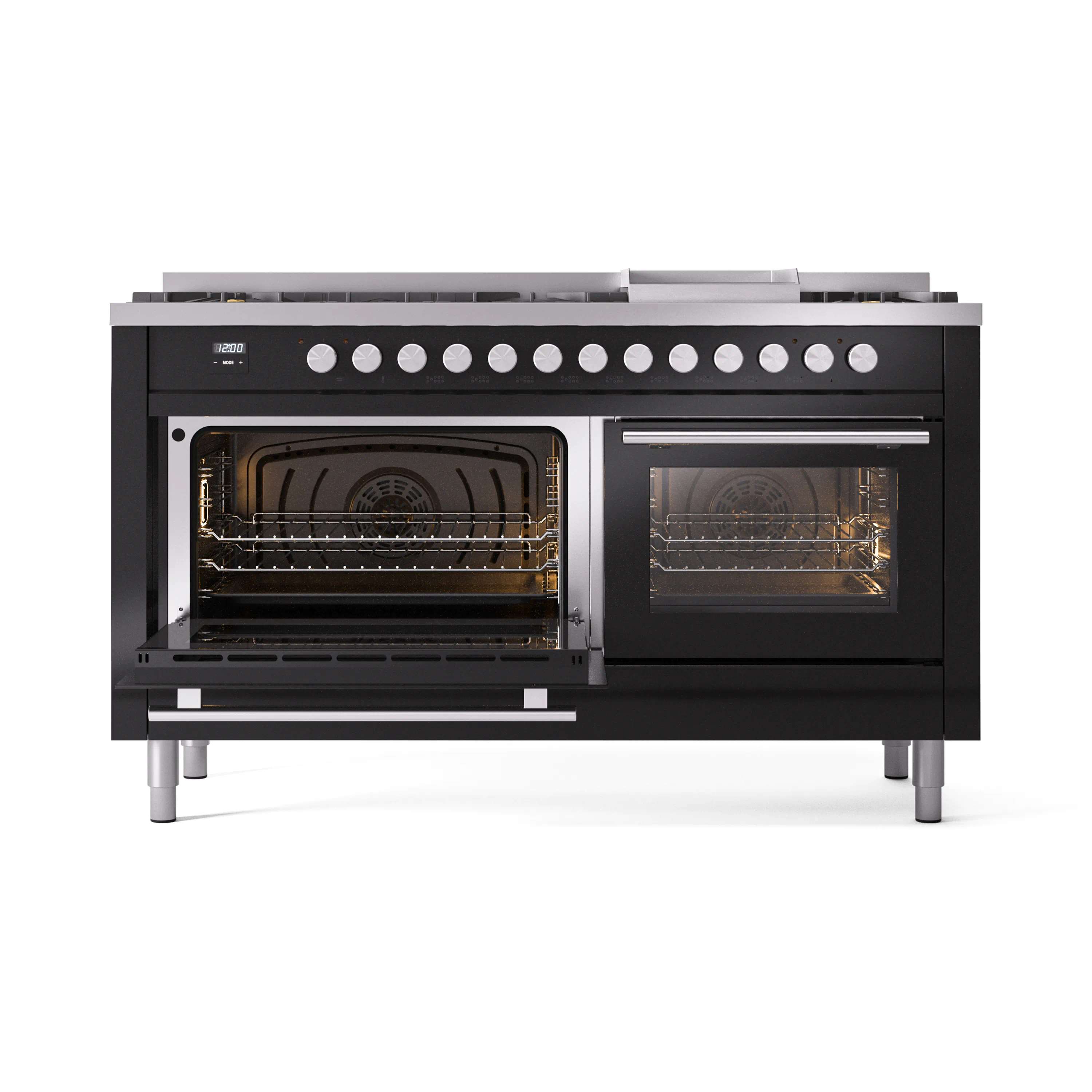 ILVE 60-inch Professional Plus II Natural Gas Dual Fuel Range with 9 Burners, Griddle, and Triple Glass Door Oven in Glossy Black (UP60FWMPBK) - Image 6