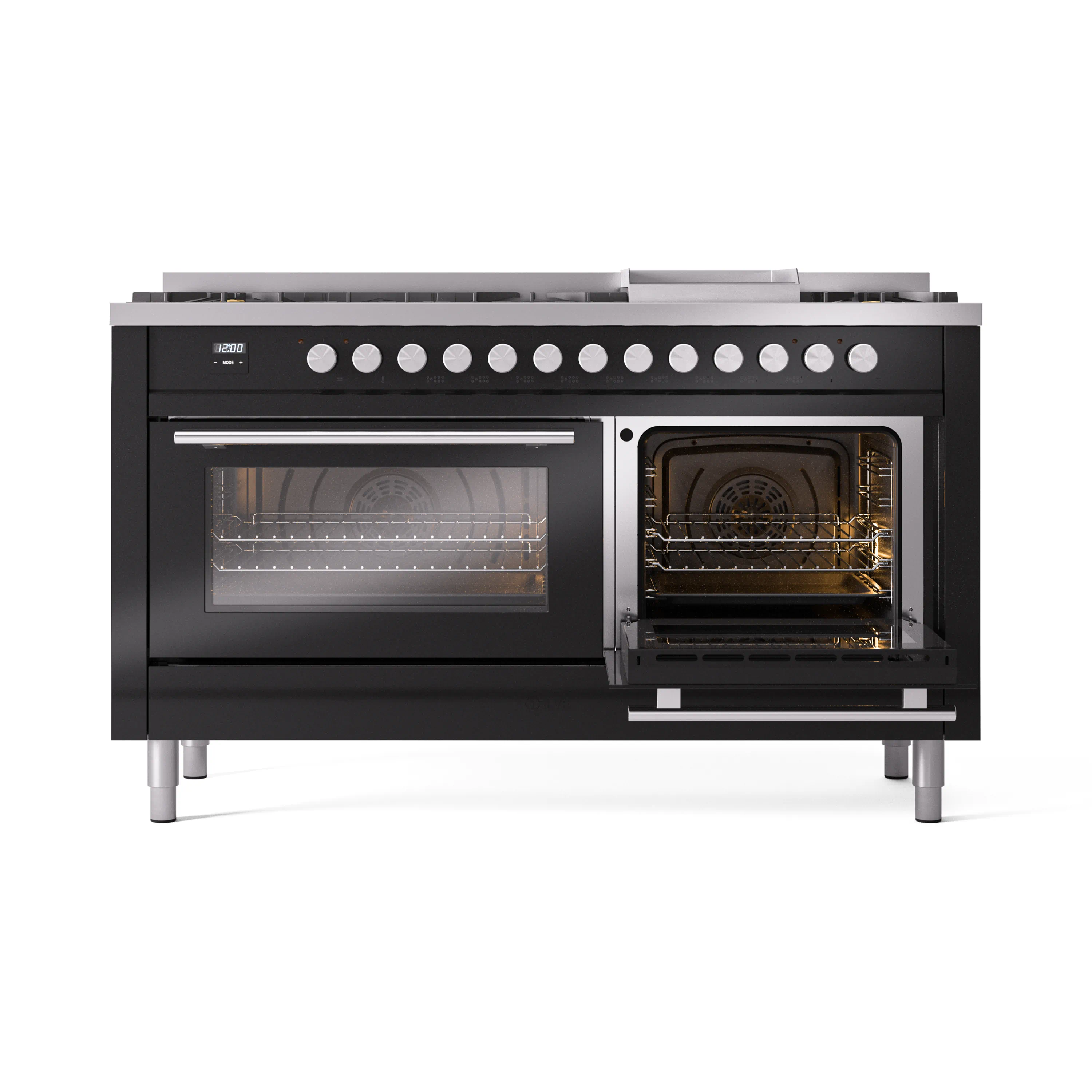ILVE 60-inch Professional Plus II Natural Gas Dual Fuel Range with 9 Burners, Griddle, and Triple Glass Door Oven in Glossy Black (UP60FWMPBK) - Image 7