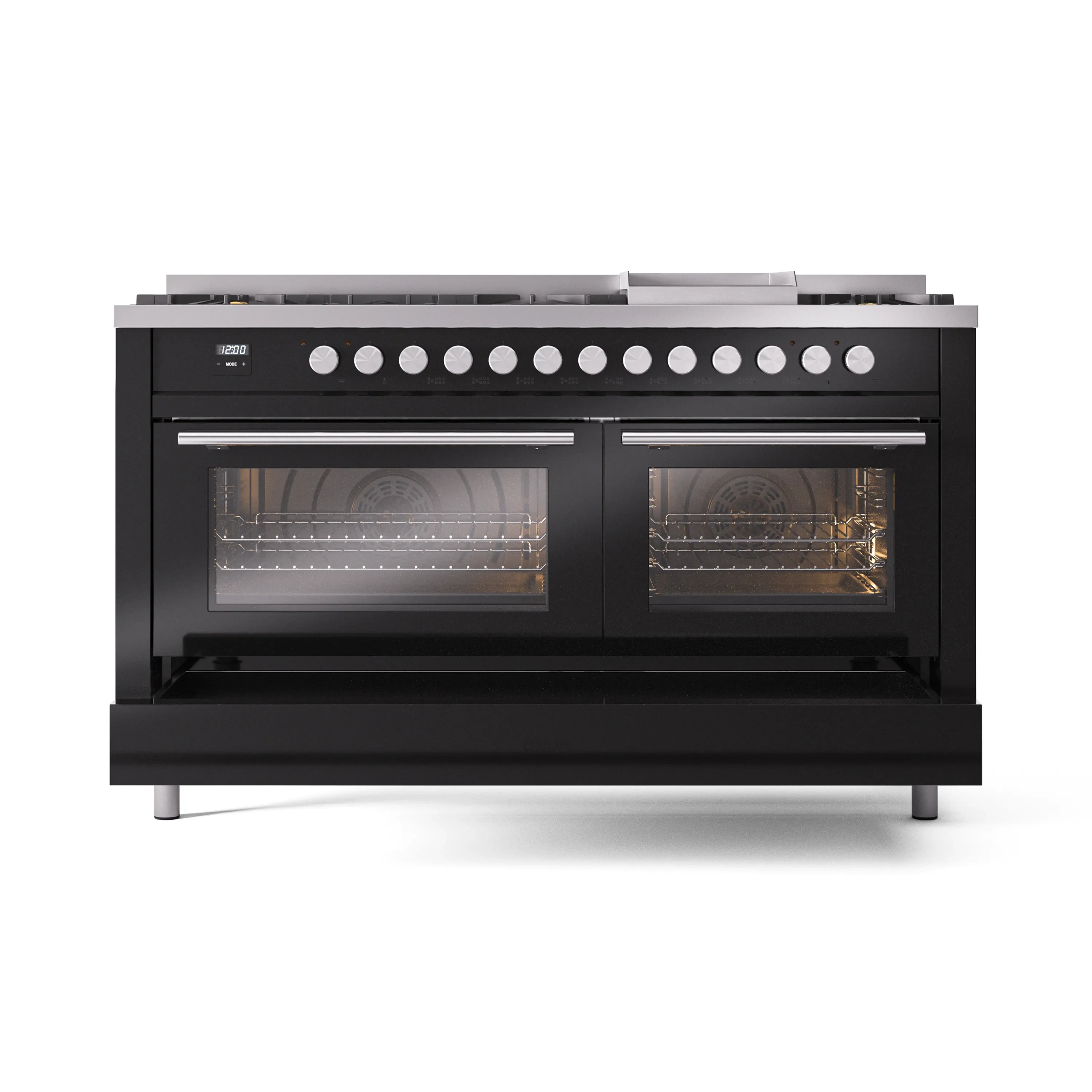 ILVE 60-inch Professional Plus II Natural Gas Dual Fuel Range with 9 Burners, Griddle, and Triple Glass Door Oven in Glossy Black (UP60FWMPBK) - Image 8