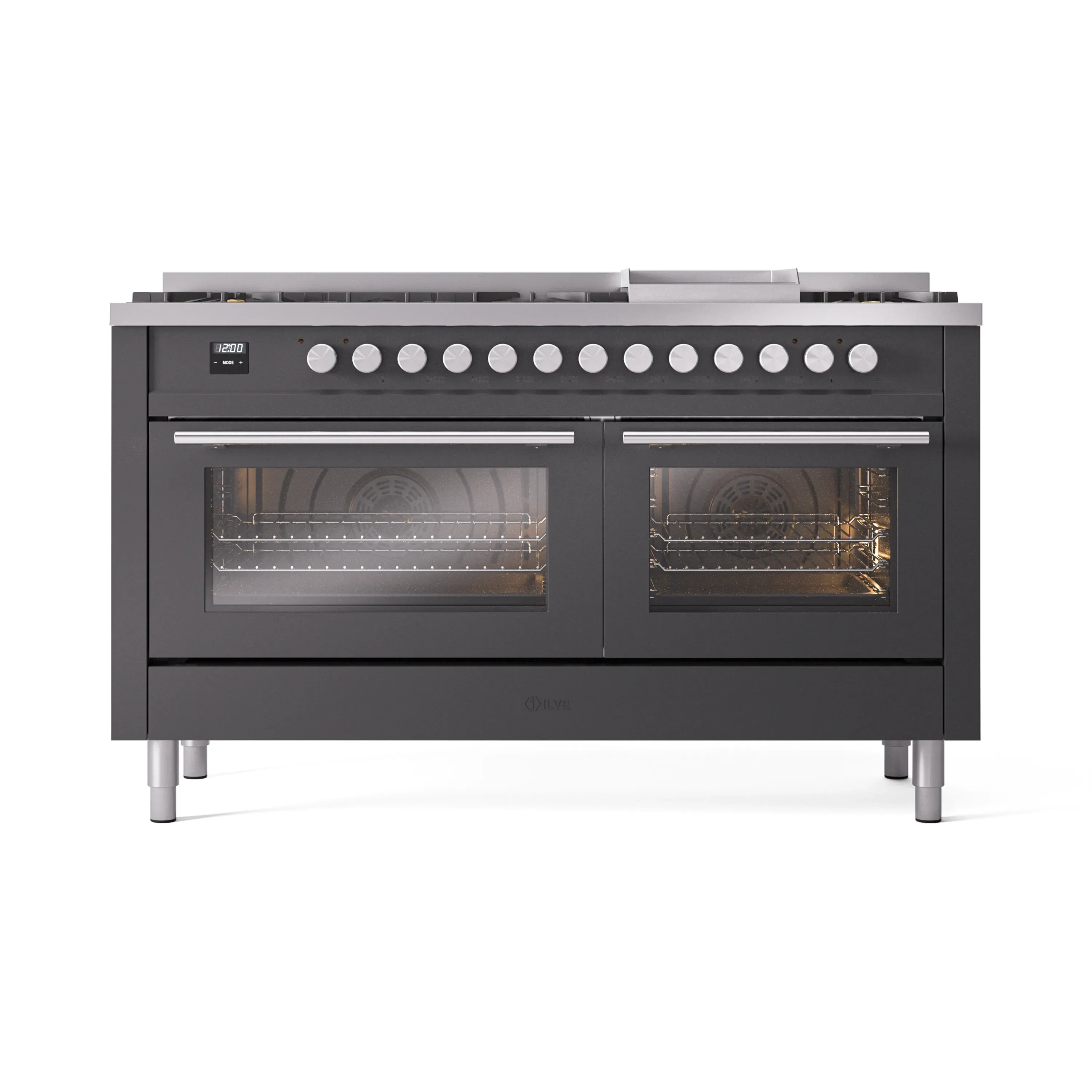 ILVE 60-inch Professional Plus II Natural Gas Dual Fuel Range with 9 Burners, Griddle, and Triple Glass Door Oven in Matte Graphite (UP60FWMPMG) - Image 2