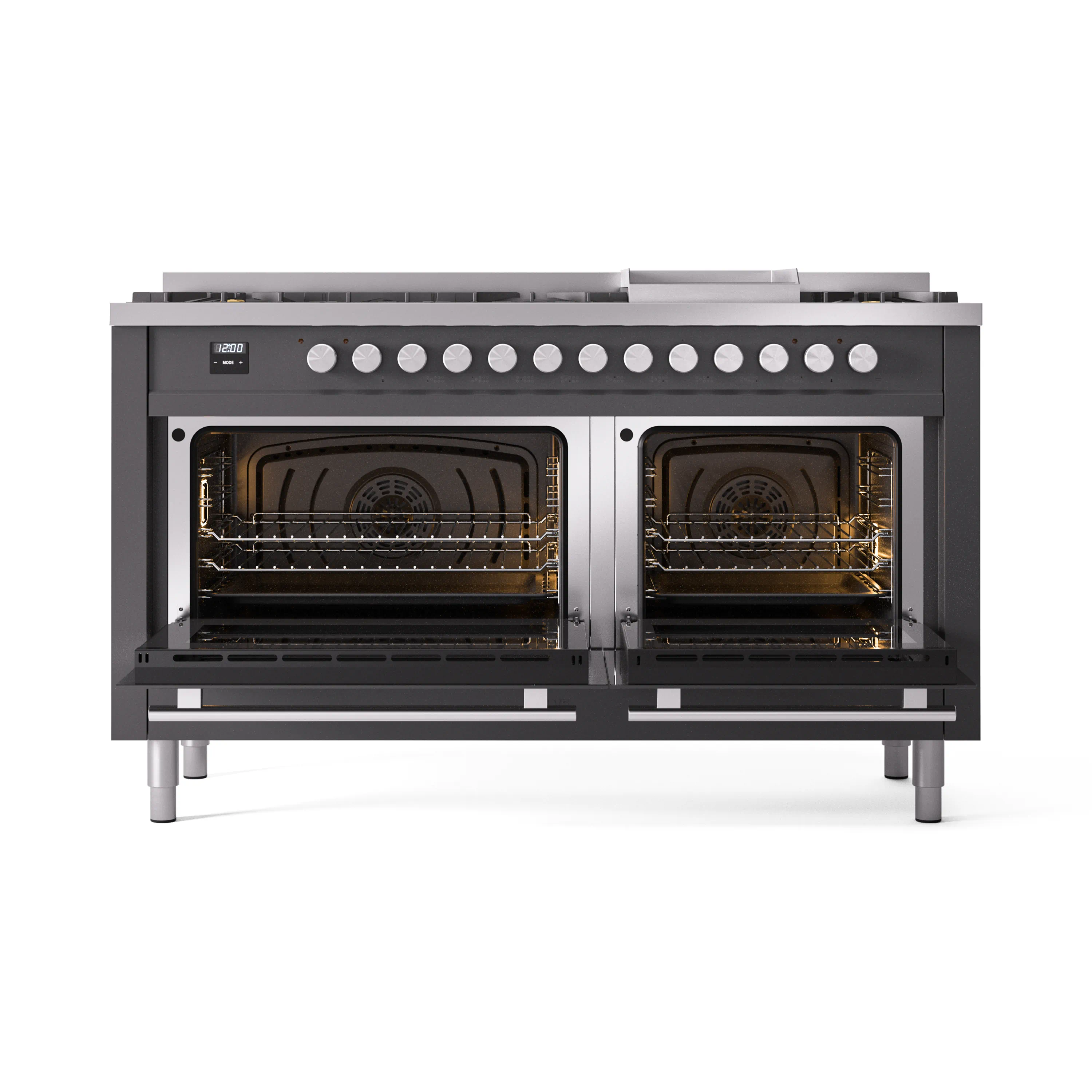 ILVE 60-inch Professional Plus II Natural Gas Dual Fuel Range with 9 Burners, Griddle, and Triple Glass Door Oven in Matte Graphite (UP60FWMPMG) - Image 5