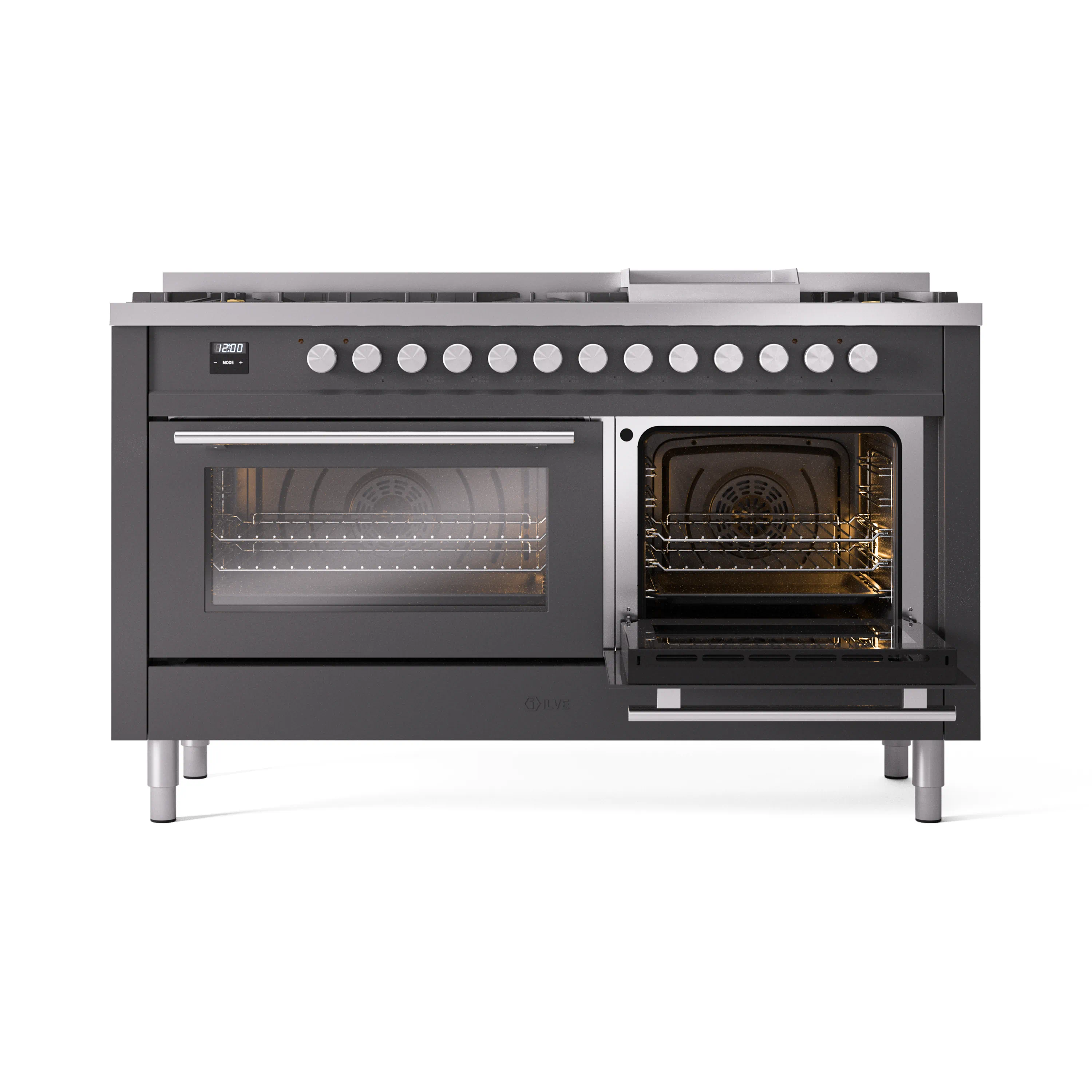 ILVE 60-inch Professional Plus II Natural Gas Dual Fuel Range with 9 Burners, Griddle, and Triple Glass Door Oven in Matte Graphite (UP60FWMPMG) - Image 7