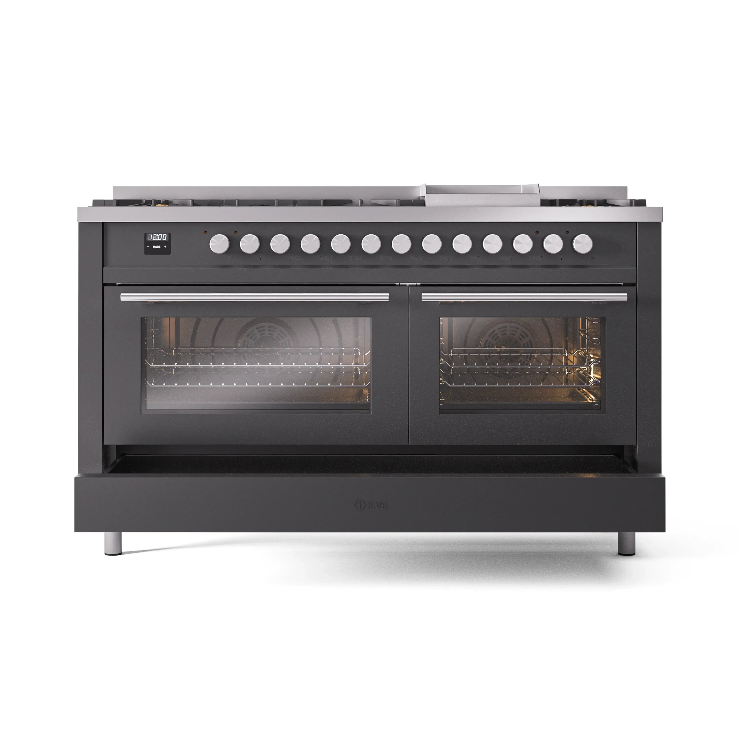 ILVE 60-inch Professional Plus II Natural Gas Dual Fuel Range with 9 Burners, Griddle, and Triple Glass Door Oven in Matte Graphite (UP60FWMPMG) - Image 8