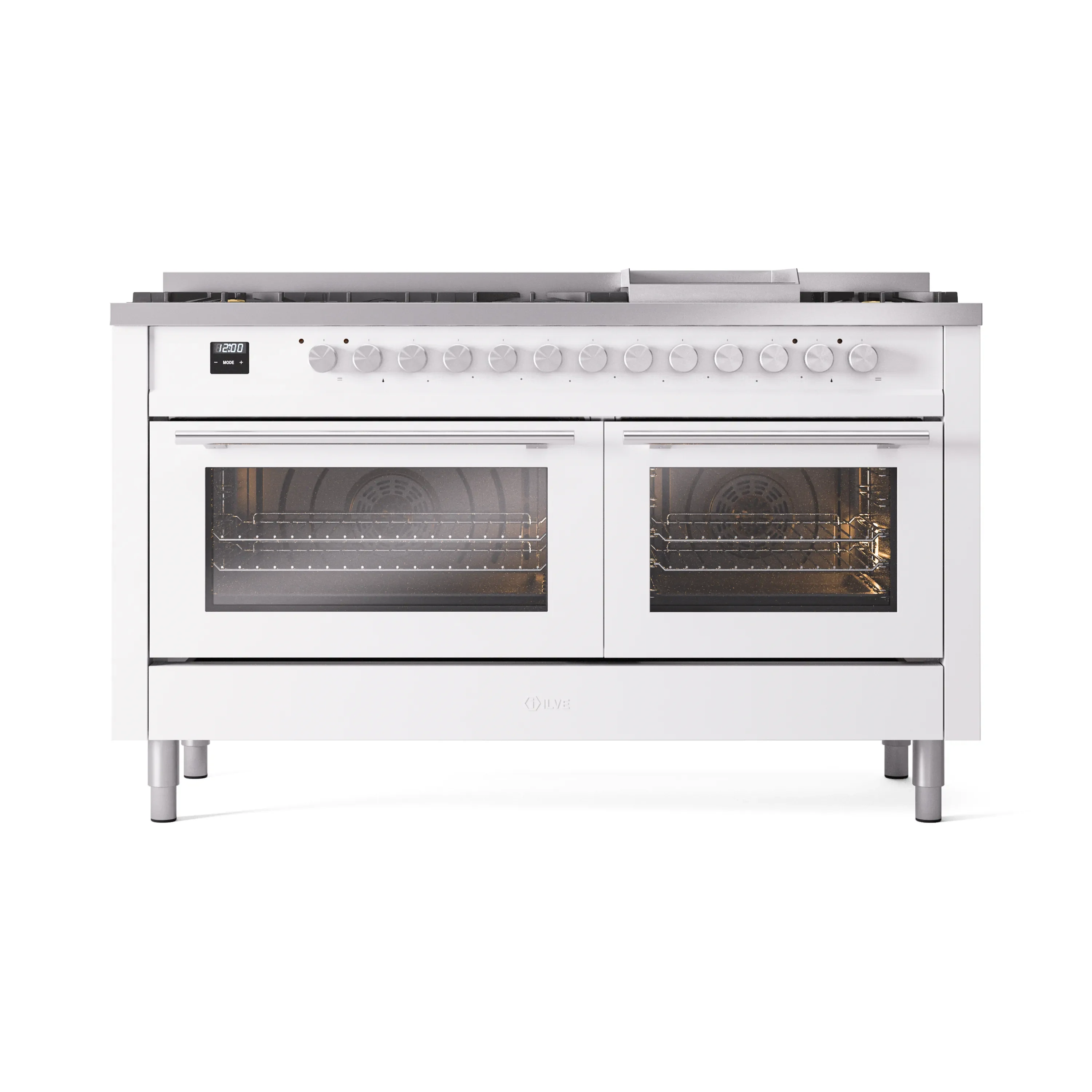 ILVE 60-inch Professional Plus II Natural Gas Dual Fuel Range with 9 Burners, Griddle, and Triple Glass Door Oven in White (UP60FWMPWH) - Image 2