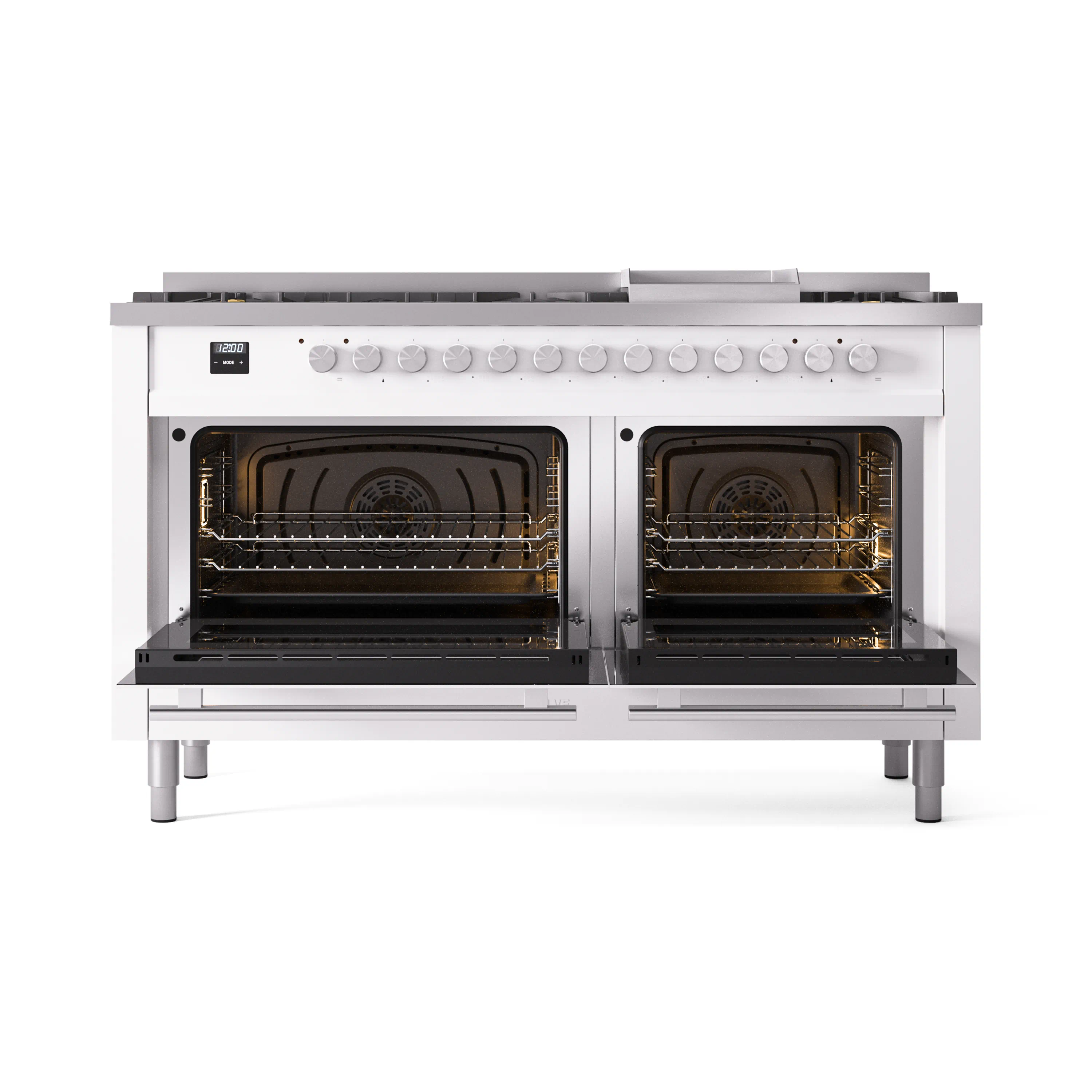 ILVE 60-inch Professional Plus II Natural Gas Dual Fuel Range with 9 Burners, Griddle, and Triple Glass Door Oven in White (UP60FWMPWH) - Image 5