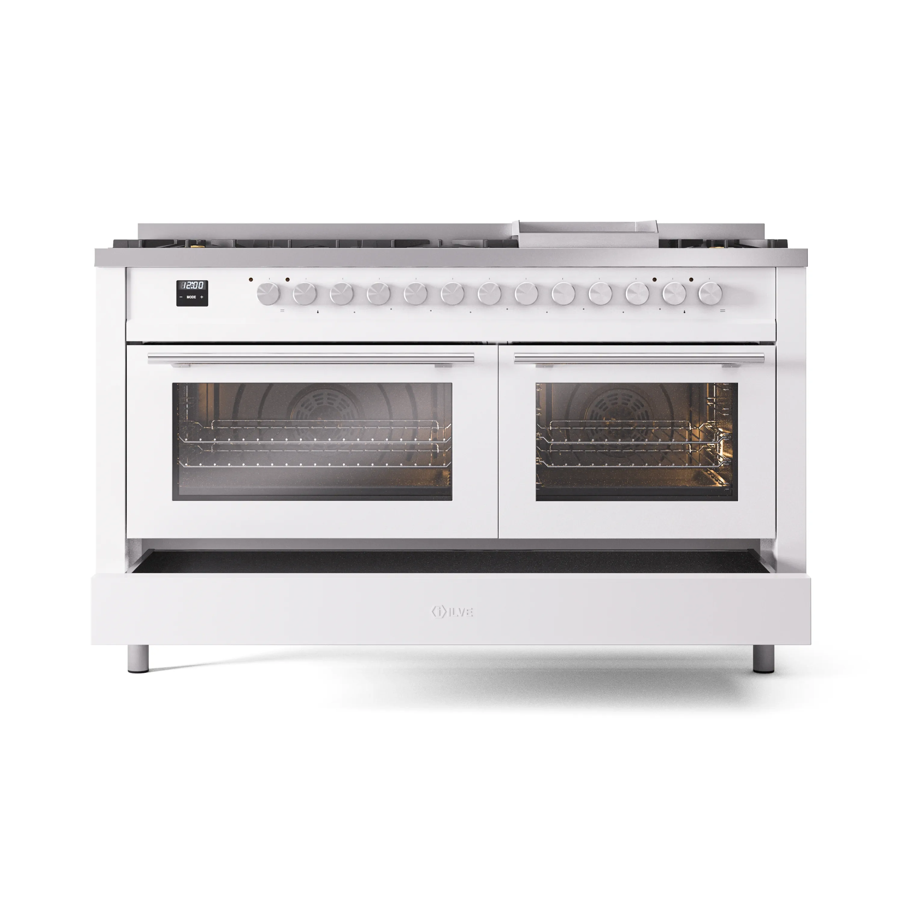 ILVE 60-inch Professional Plus II Natural Gas Dual Fuel Range with 9 Burners, Griddle, and Triple Glass Door Oven in White (UP60FWMPWH) - Image 6