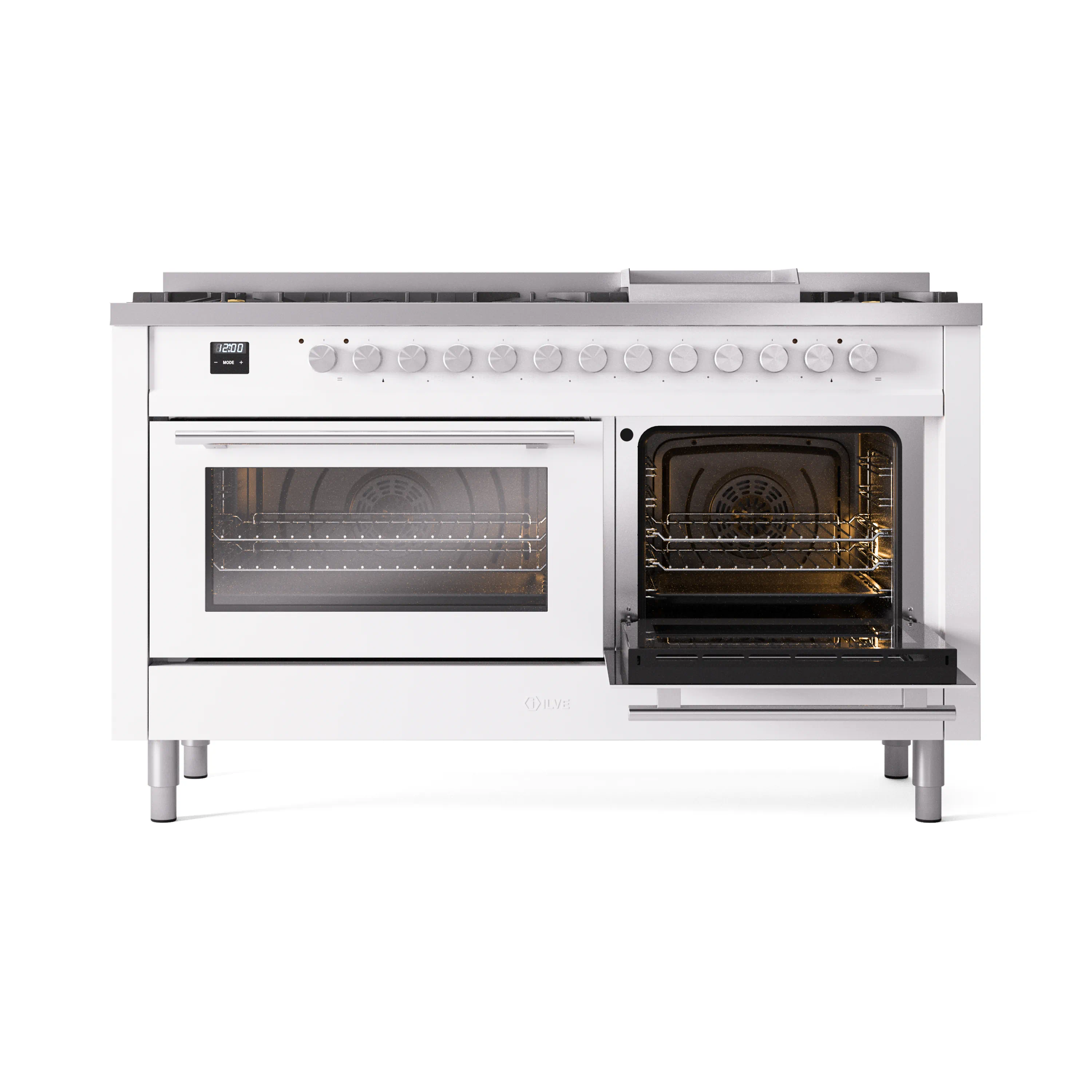 ILVE 60-inch Professional Plus II Natural Gas Dual Fuel Range with 9 Burners, Griddle, and Triple Glass Door Oven in White (UP60FWMPWH) - Image 7