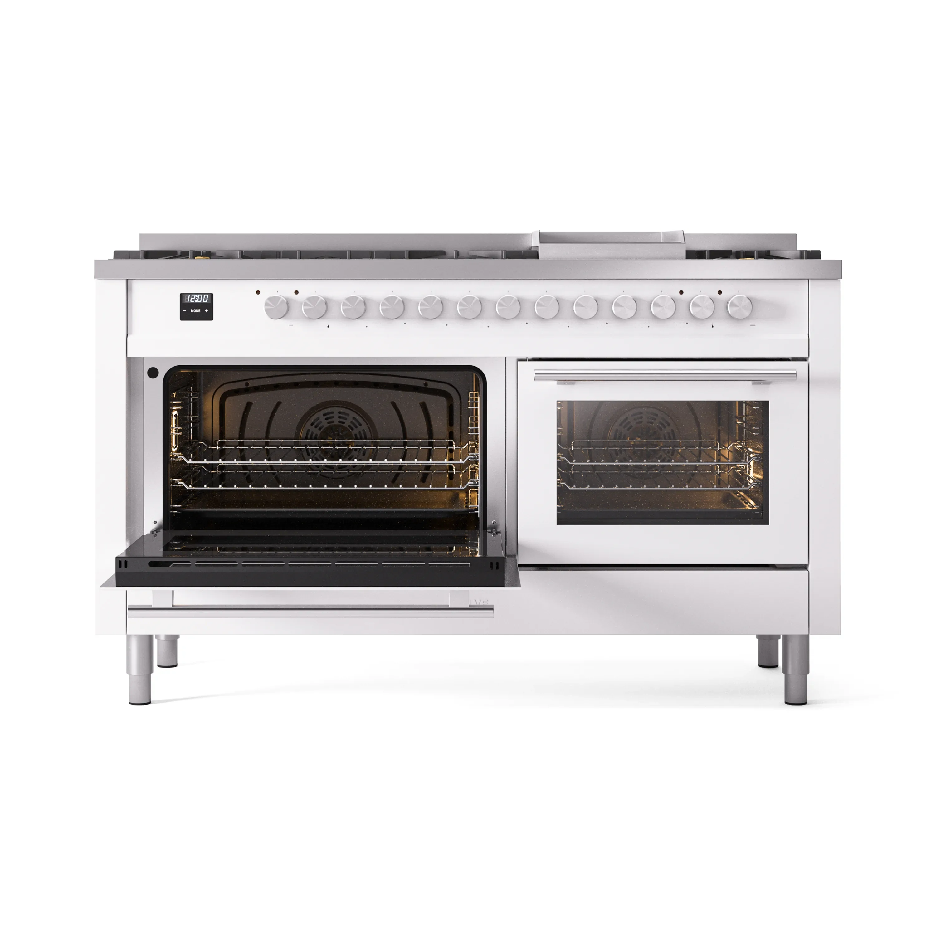 ILVE 60-inch Professional Plus II Natural Gas Dual Fuel Range with 9 Burners, Griddle, and Triple Glass Door Oven in White (UP60FWMPWH) - Image 8