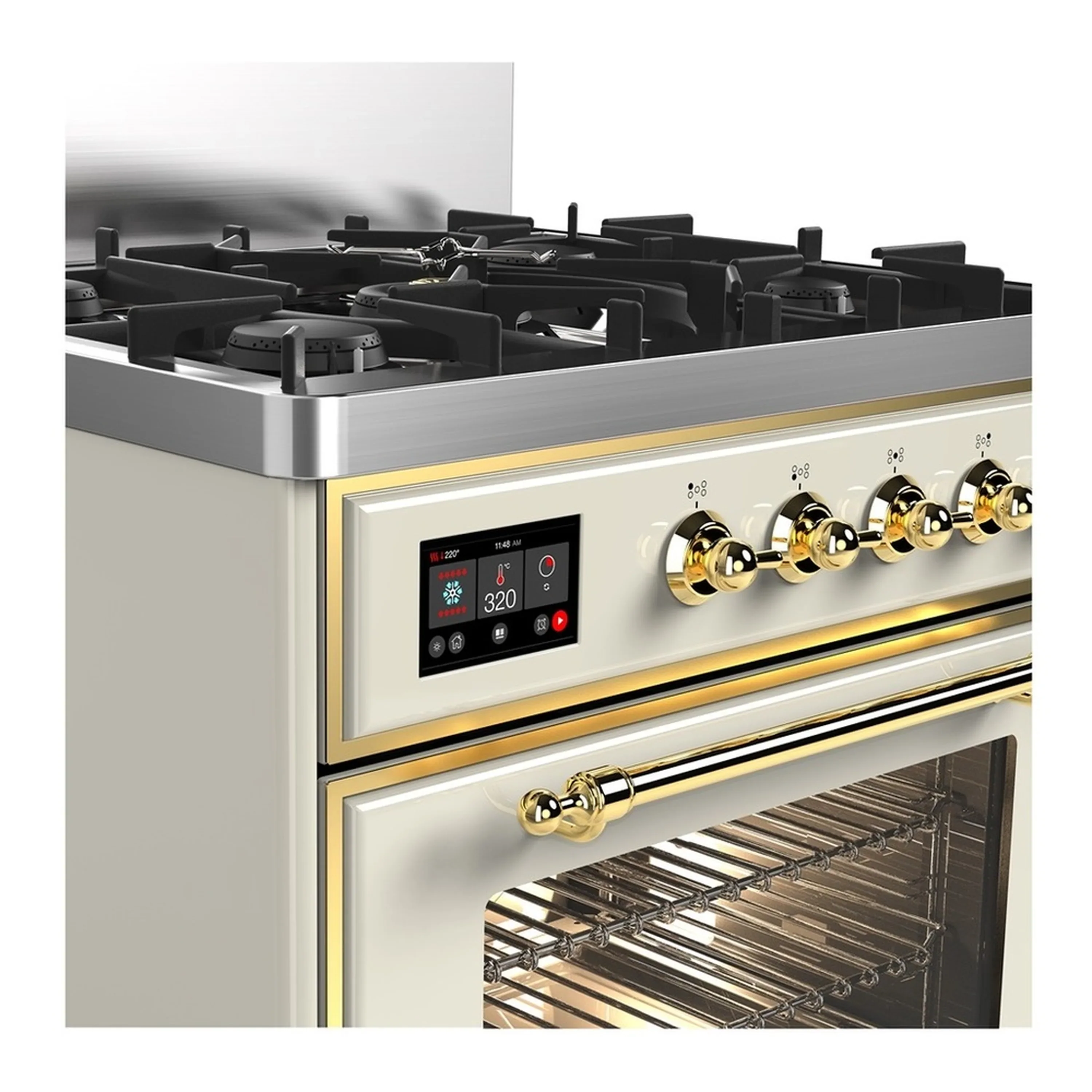 ILVE Majestic III 30-inch Dual Fuel Range with 5 Natural Gas Burner and Triple Glass Door Electric Oven in Antique White with Brass Trim (UM30NR3AWG) - Image 5