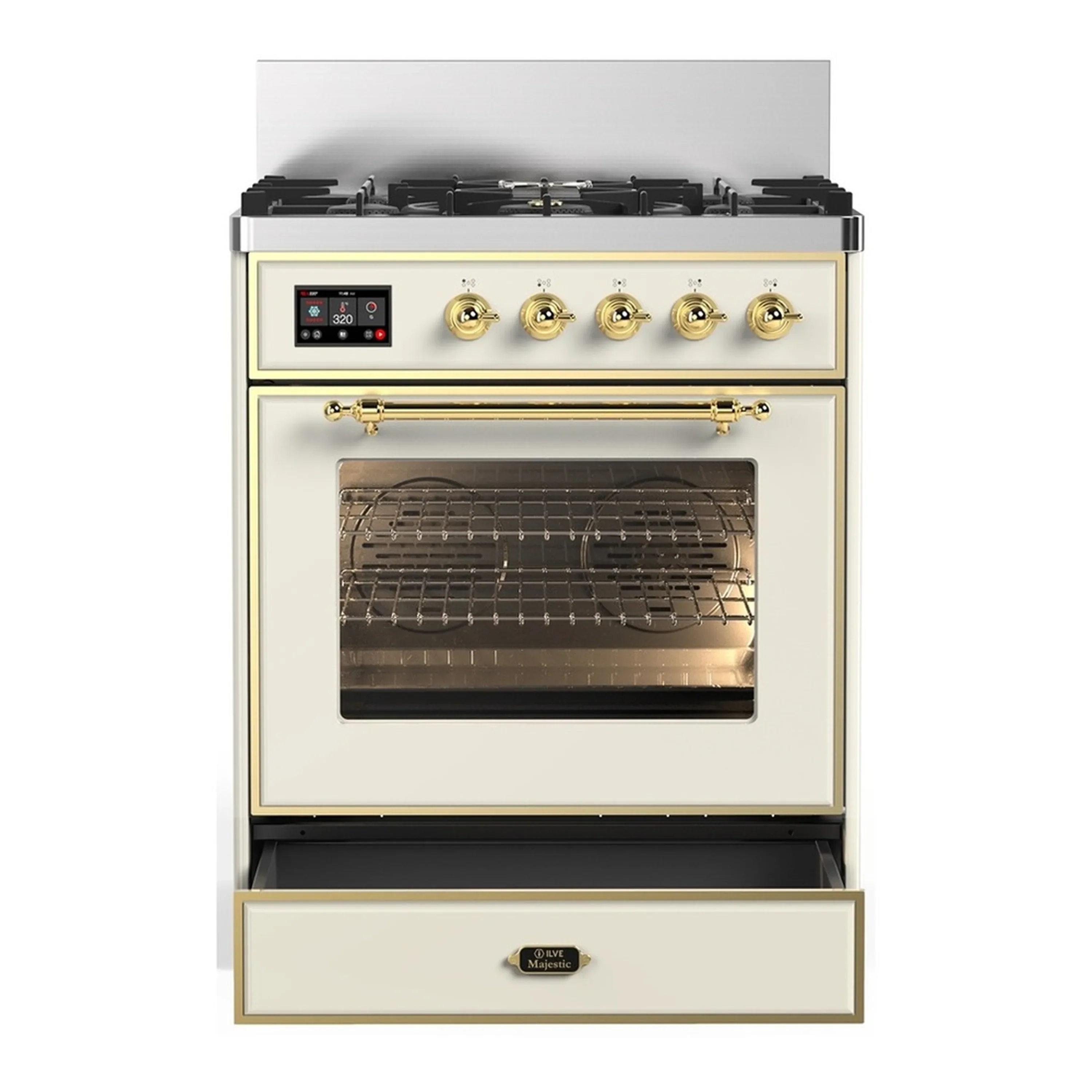 ILVE Majestic III 30-inch Dual Fuel Range with 5 Natural Gas Burner and Triple Glass Door Electric Oven in Antique White with Brass Trim (UM30NR3AWG) - Image 3