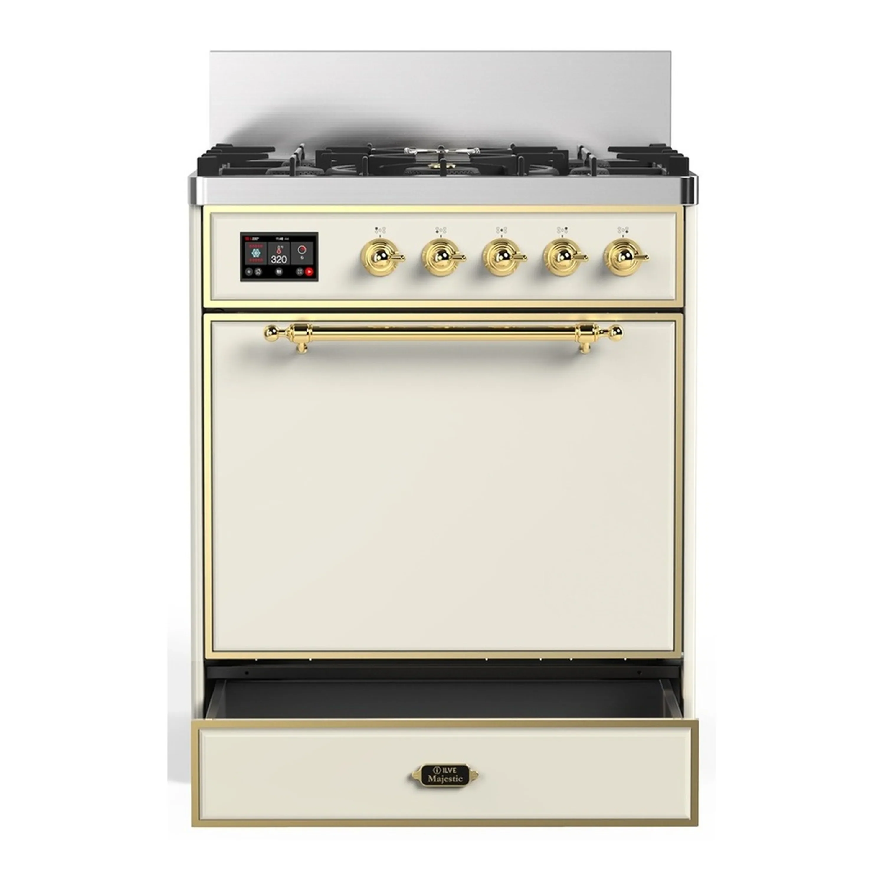 ILVE Majestic III 30-inch Dual Fuel Range with 5 Liquid Propane Burner and Solid Door Electric Oven in Antique White with Brass Trim (UM30QNR3AWGLP) - Image 3