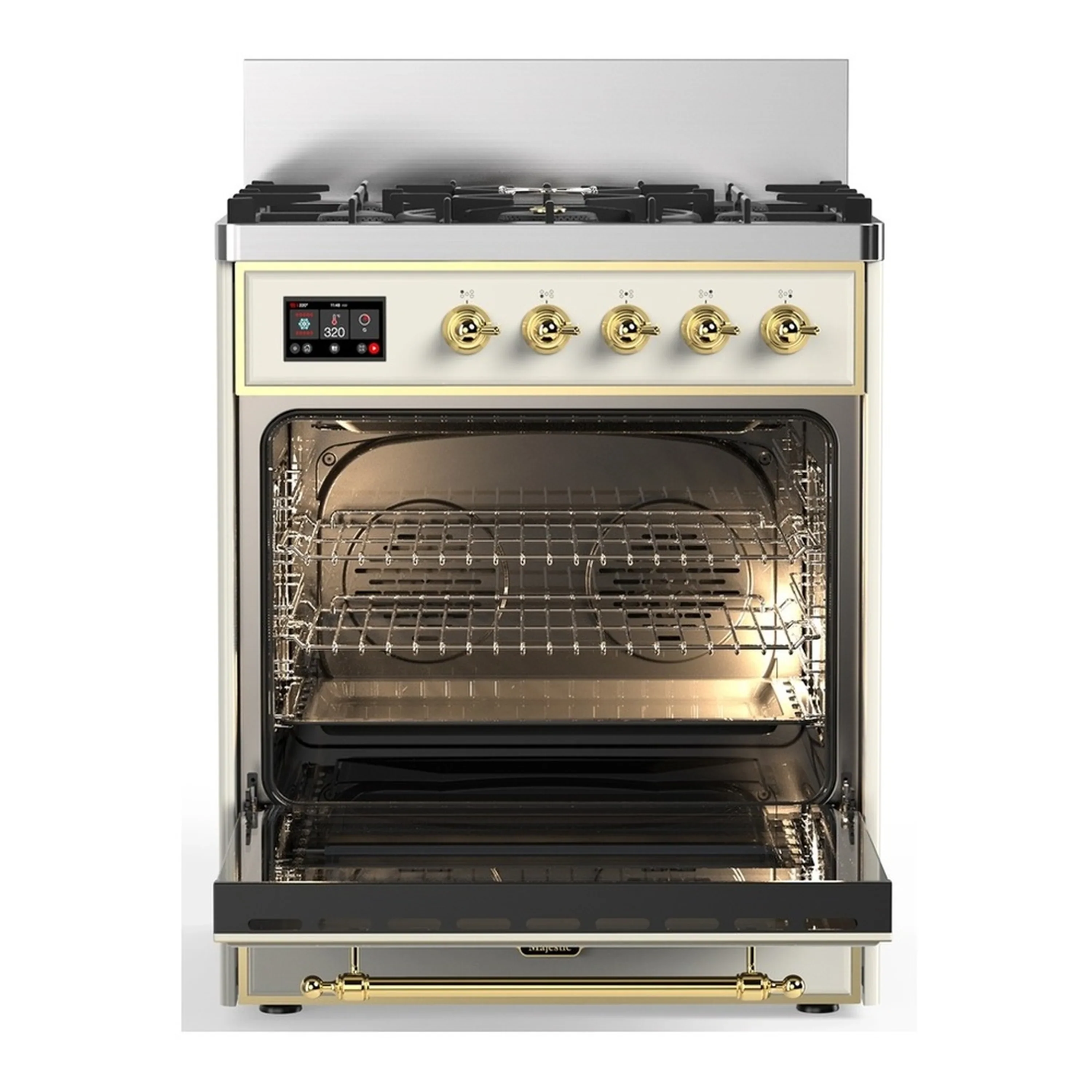 ILVE Majestic III 30-inch Dual Fuel Range with 5 Liquid Propane Burner and Solid Door Electric Oven in Antique White with Brass Trim (UM30QNR3AWGLP) - Image 4
