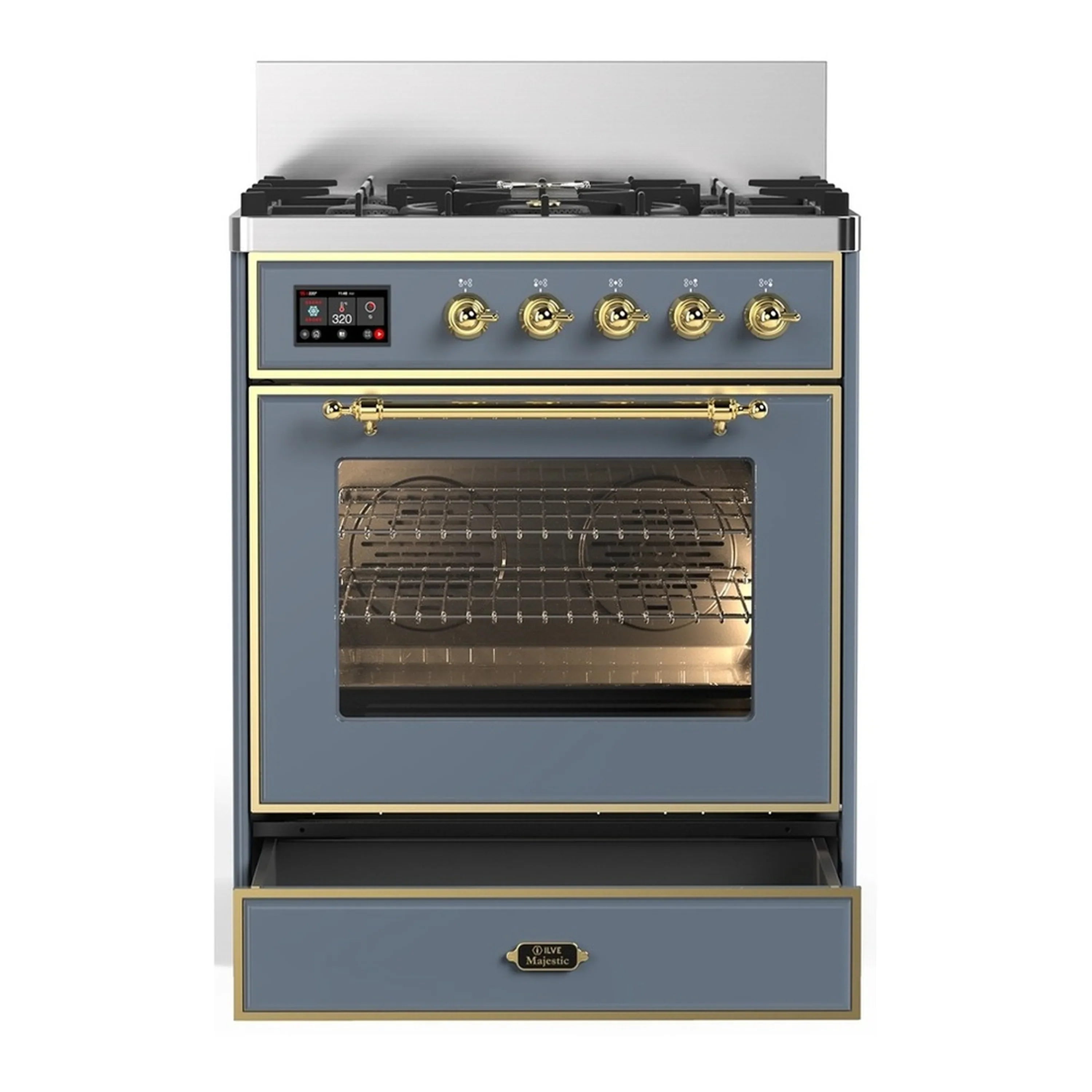 ILVE Majestic III 30-inch Dual Fuel Range with 5 Liquid Propane Burner and Triple Glass Door Electric Oven in Blue Grey with Brass Trim (UM30NR3BGGLP) - Image 3