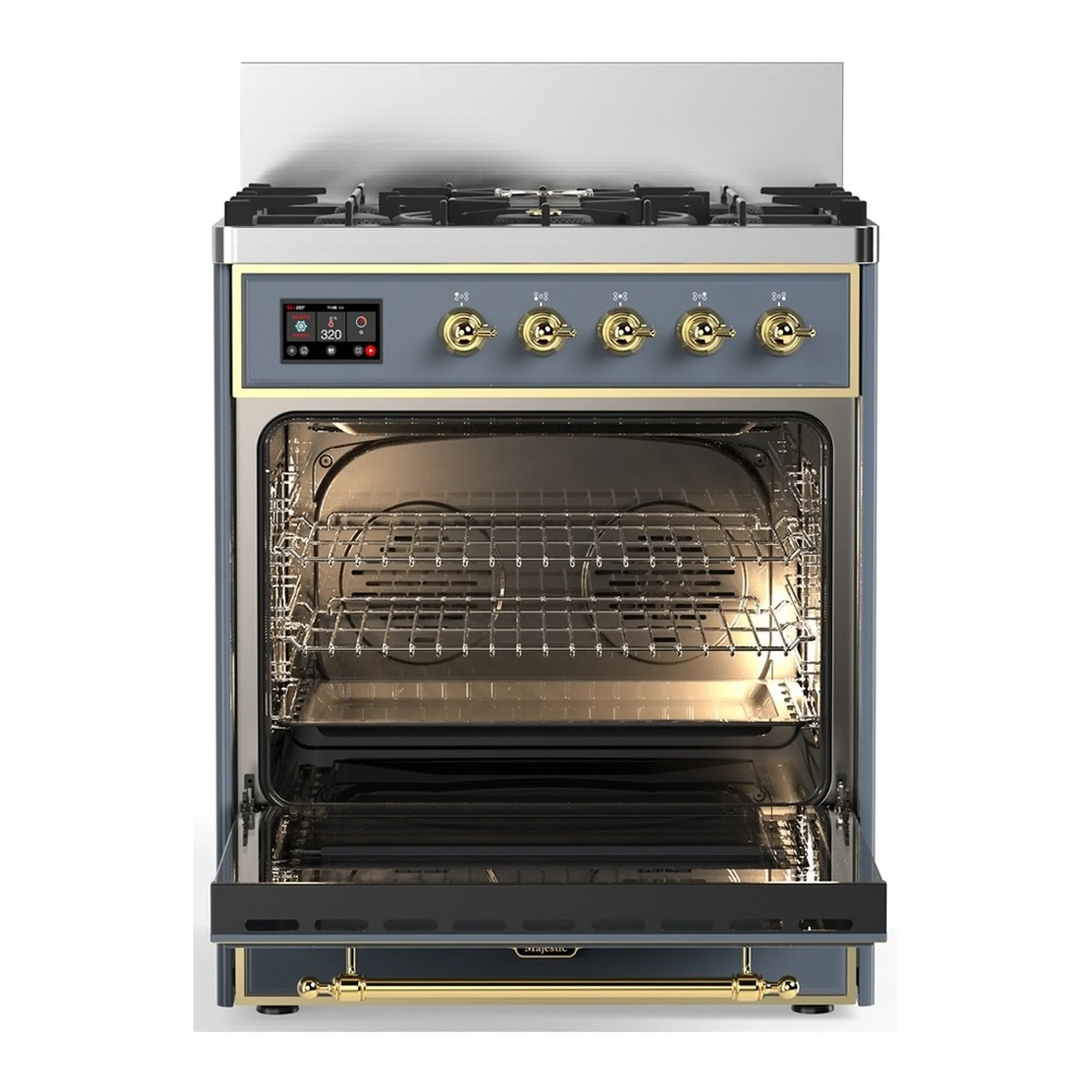 ILVE Majestic III 30-inch Dual Fuel Range with 5 Liquid Propane Burner and Triple Glass Door Electric Oven in Blue Grey with Brass Trim (UM30NR3BGGLP) - Image 4