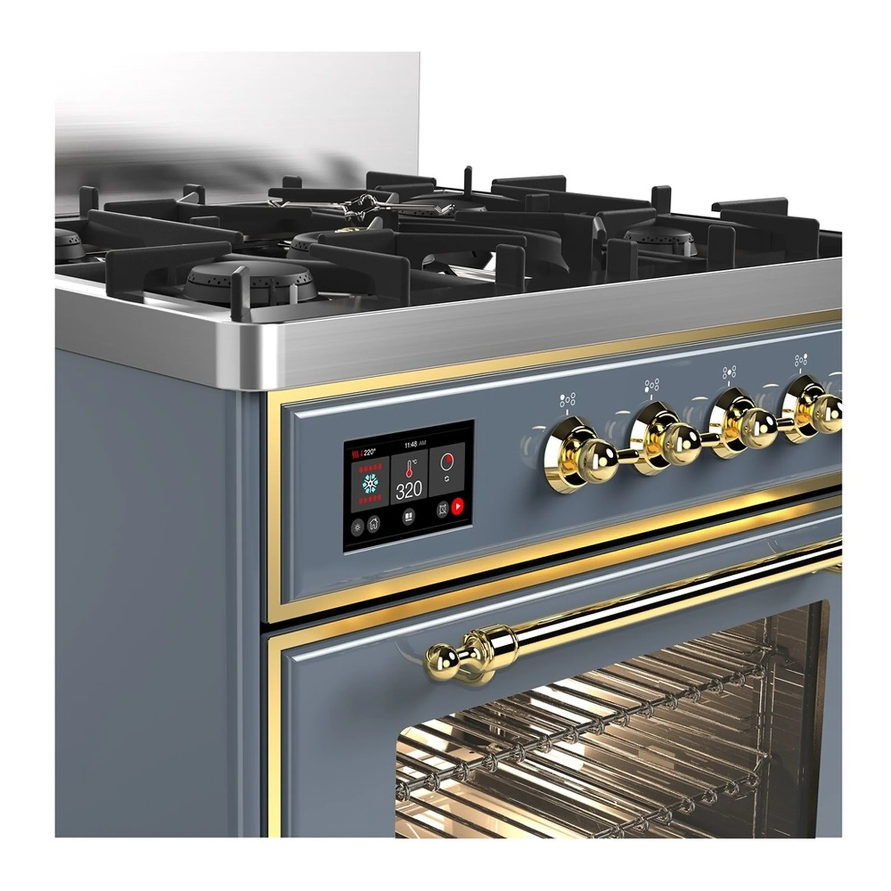 ILVE Majestic III 30-inch Dual Fuel Range with 5 Liquid Propane Burner and Triple Glass Door Electric Oven in Blue Grey with Brass Trim (UM30NR3BGGLP) - Image 5