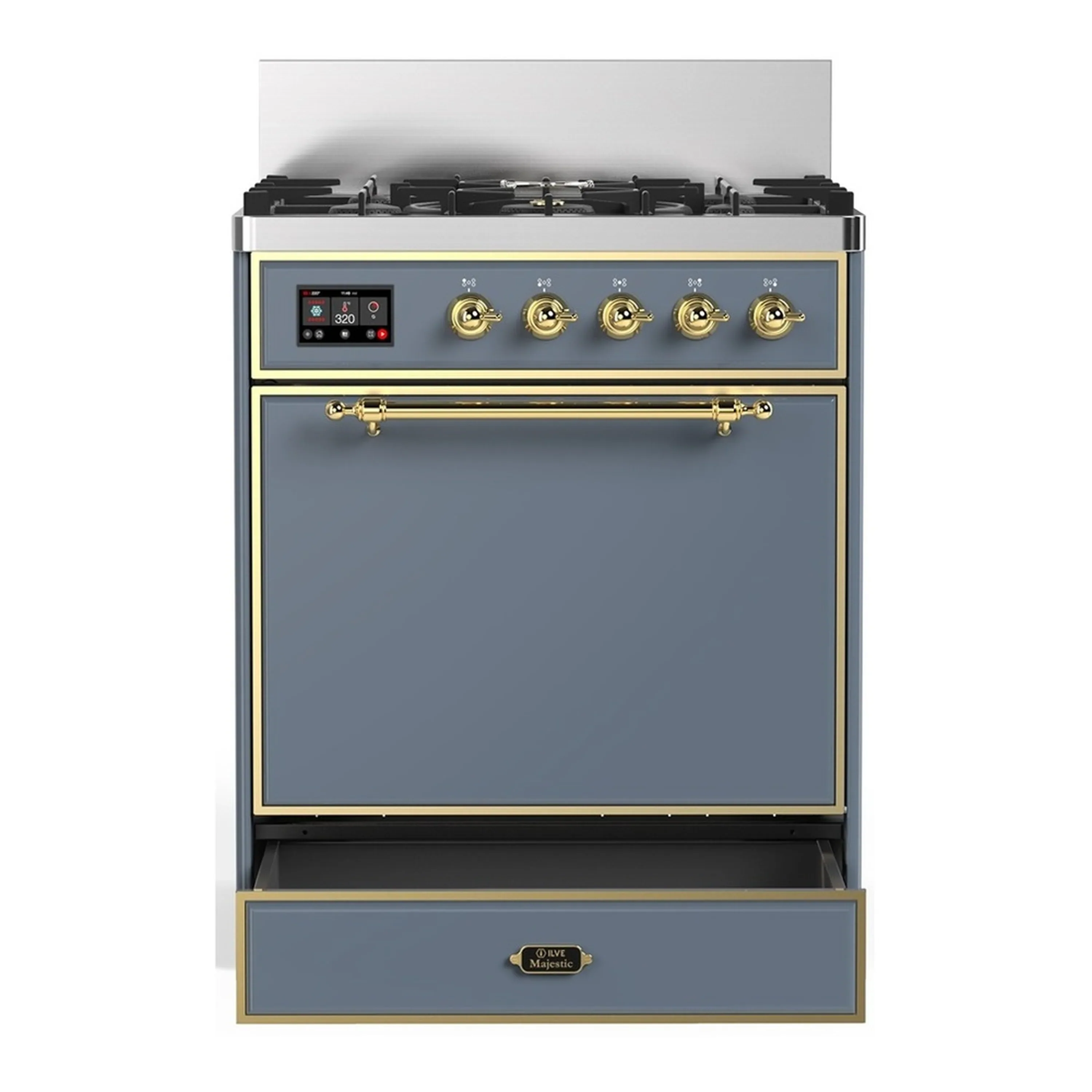 ILVE Majestic III 30-inch Dual Fuel Range with 5 Natural Gas Burner and Solid Door Electric Oven in Blue Grey with Brass Trim (UM30QNR3BGG) - Image 3