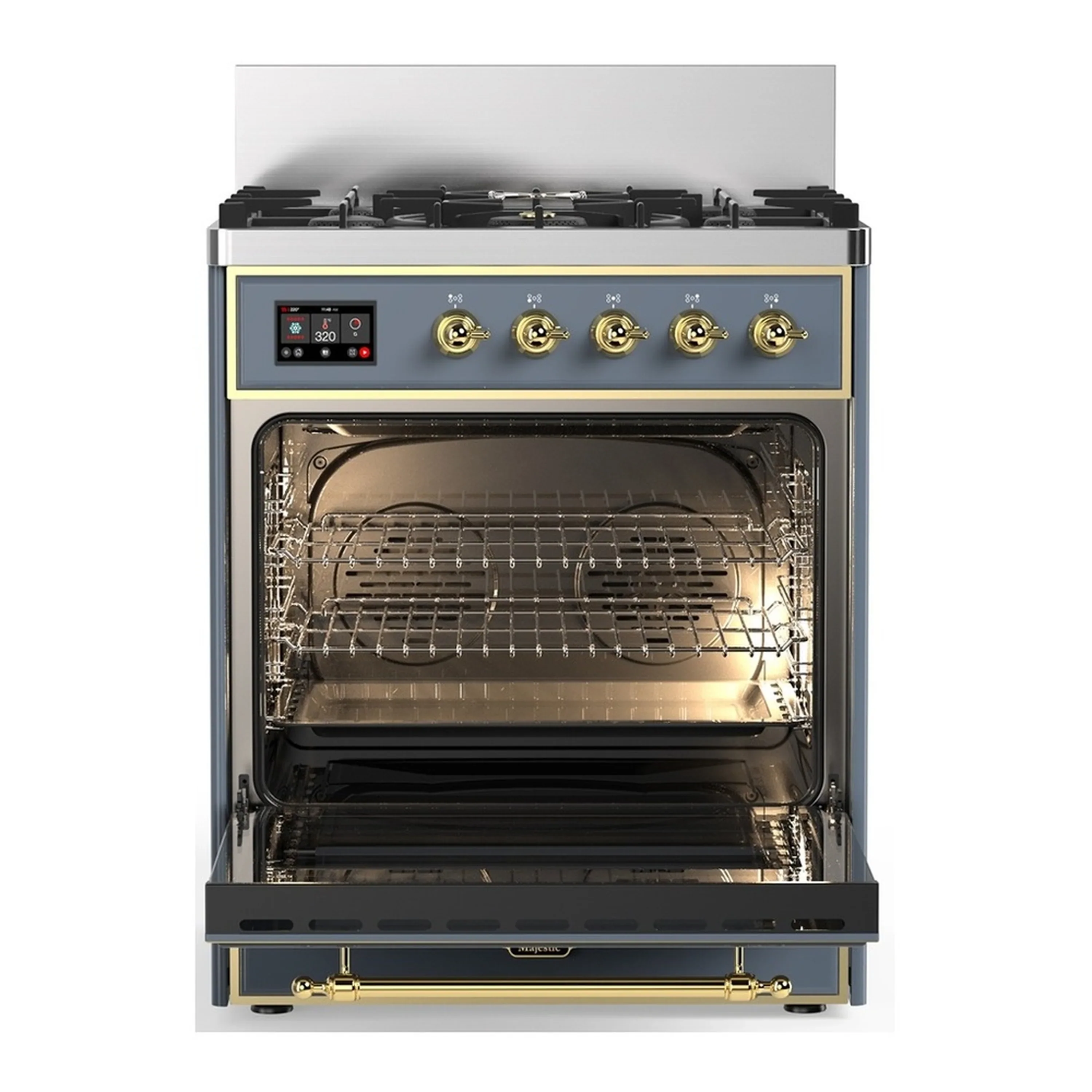 ILVE Majestic III 30-inch Dual Fuel Range with 5 Natural Gas Burner and Solid Door Electric Oven in Blue Grey with Brass Trim (UM30QNR3BGG) - Image 4