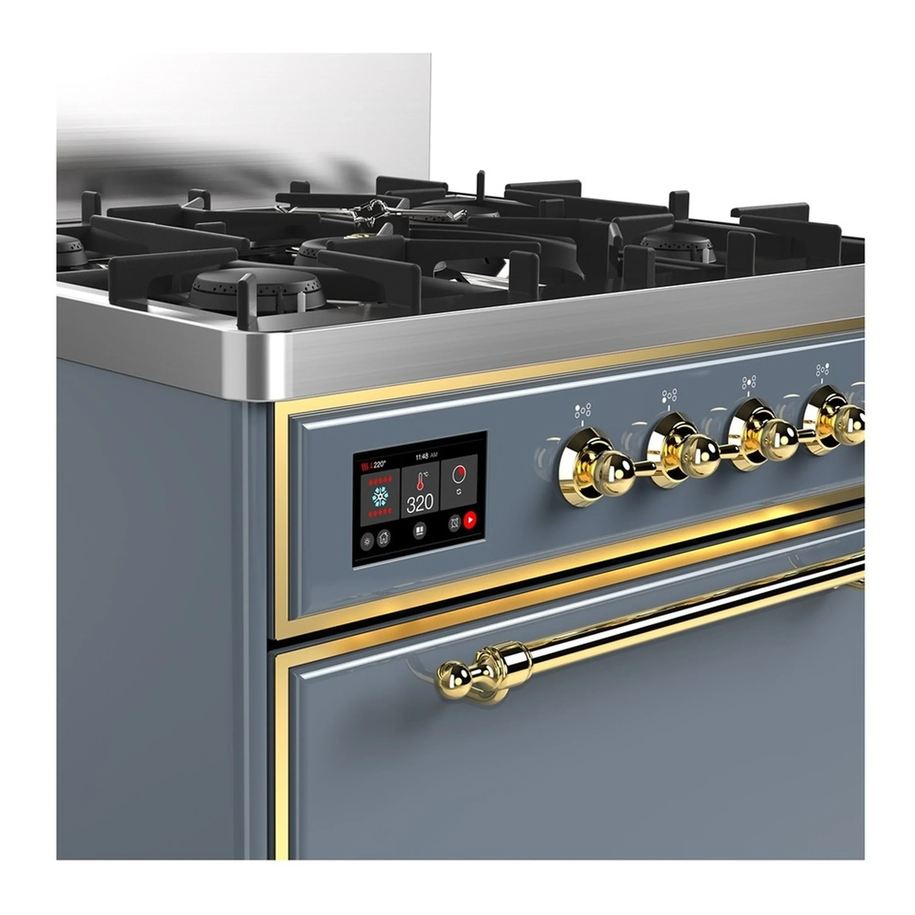 ILVE Majestic III 30-inch Dual Fuel Range with 5 Natural Gas Burner and Solid Door Electric Oven in Blue Grey with Brass Trim (UM30QNR3BGG) - Image 5
