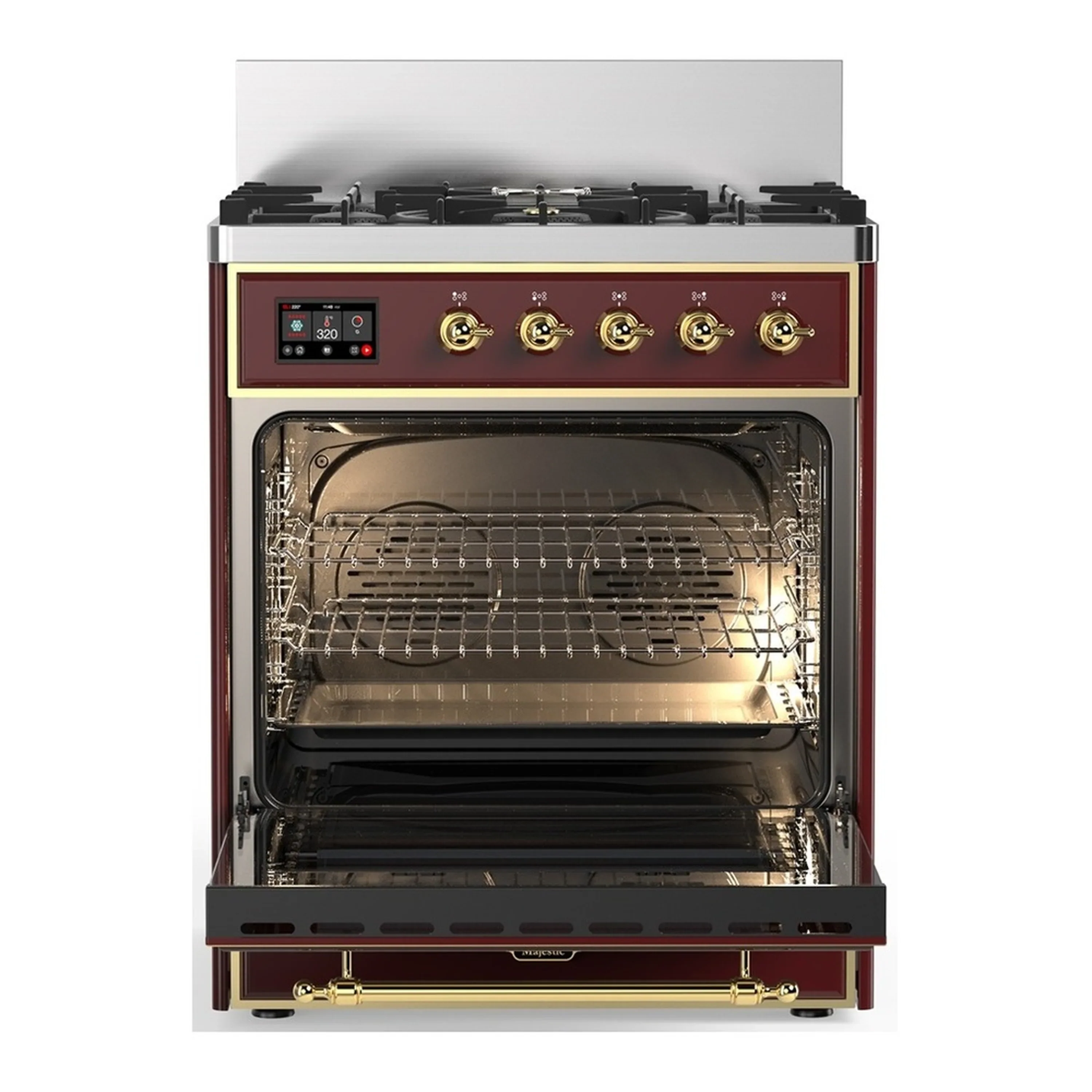 ILVE Majestic III 30-inch Dual Fuel Range with 5 Natural Gas Burner and Triple Glass Door Electric Oven in Burgundy with Brass Trim (UM30NR3BUG) - Image 4