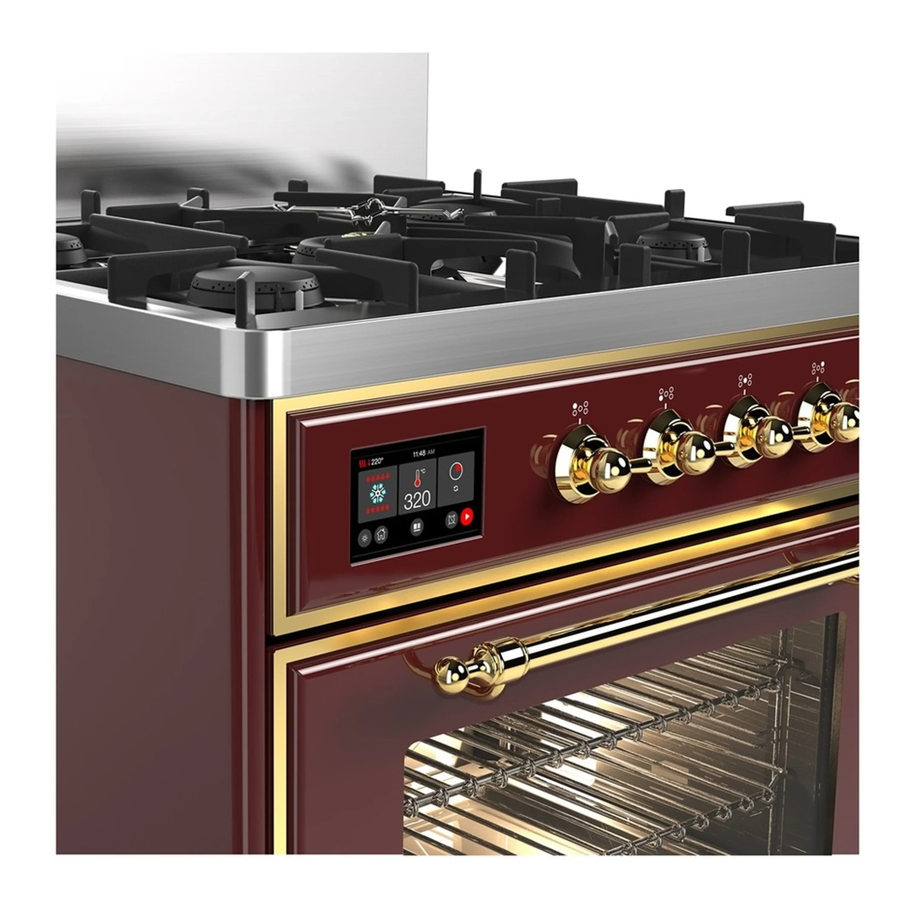 ILVE Majestic III 30-inch Dual Fuel Range with 5 Natural Gas Burner and Triple Glass Door Electric Oven in Burgundy with Brass Trim (UM30NR3BUG) - Image 5