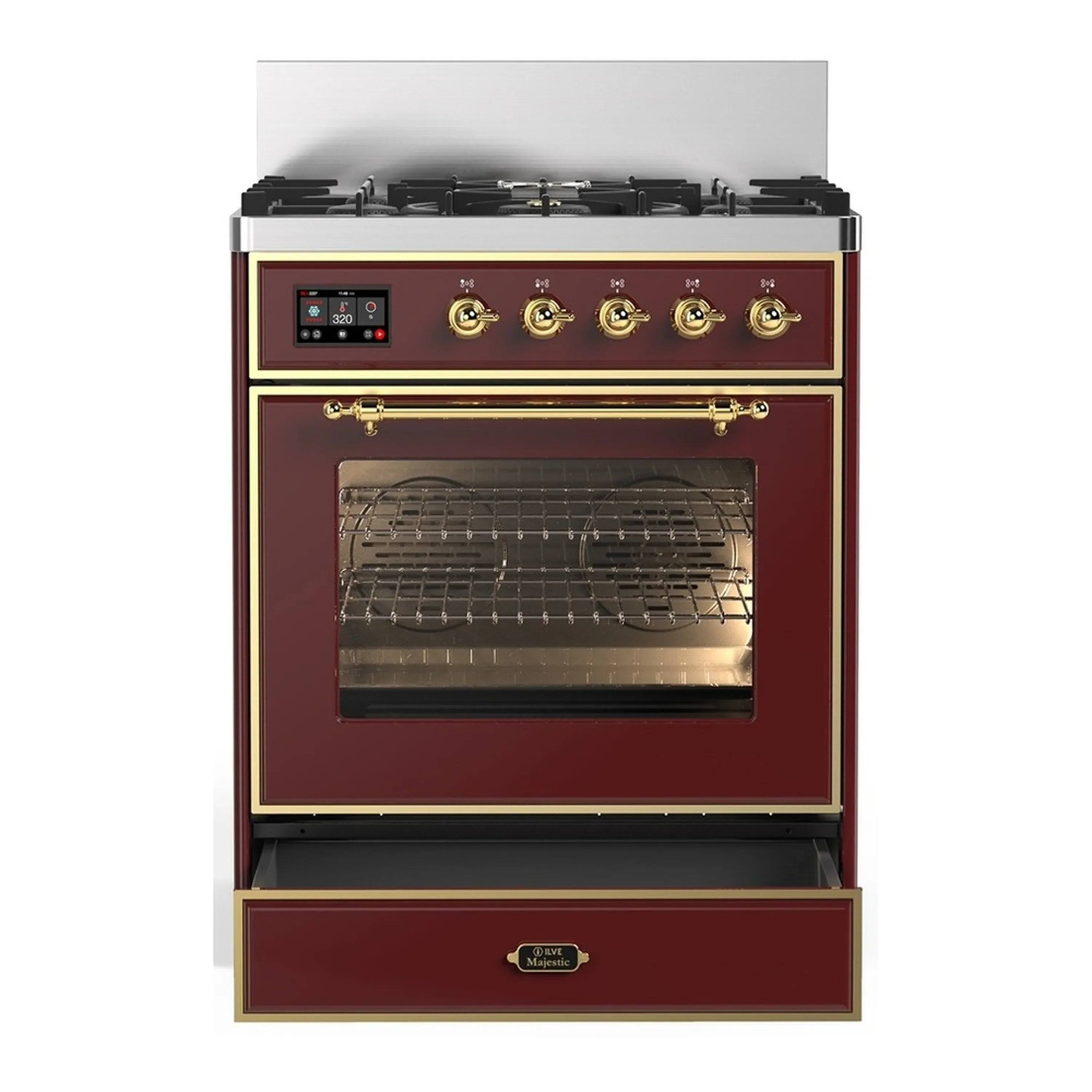 ILVE Majestic III 30-inch Dual Fuel Range with 5 Liquid Propane Burner and Triple Glass Door Electric Oven in Burgundy with Brass Trim (UM30NR3BUGLP) - Image 3