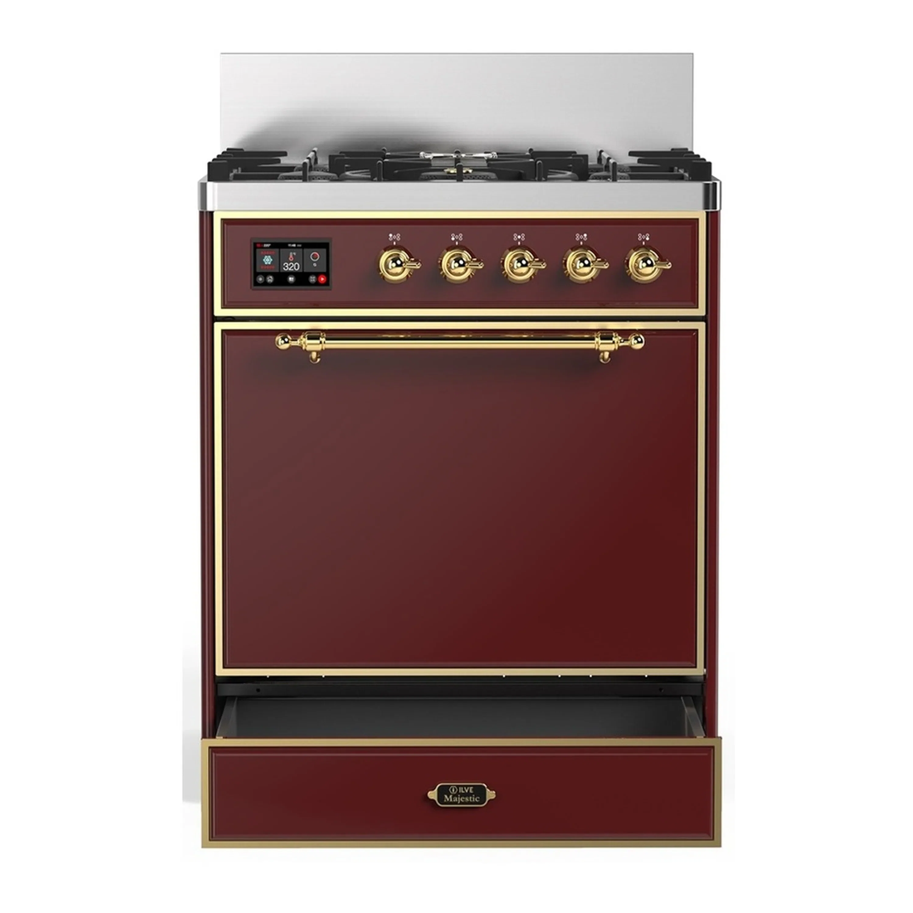ILVE Majestic III 30-inch Dual Fuel Range with 5 Liquid Propane Burner and Solid Door Electric Oven in Burgundy with Brass Trim (UM30QNR3BUGLP) - Image 3