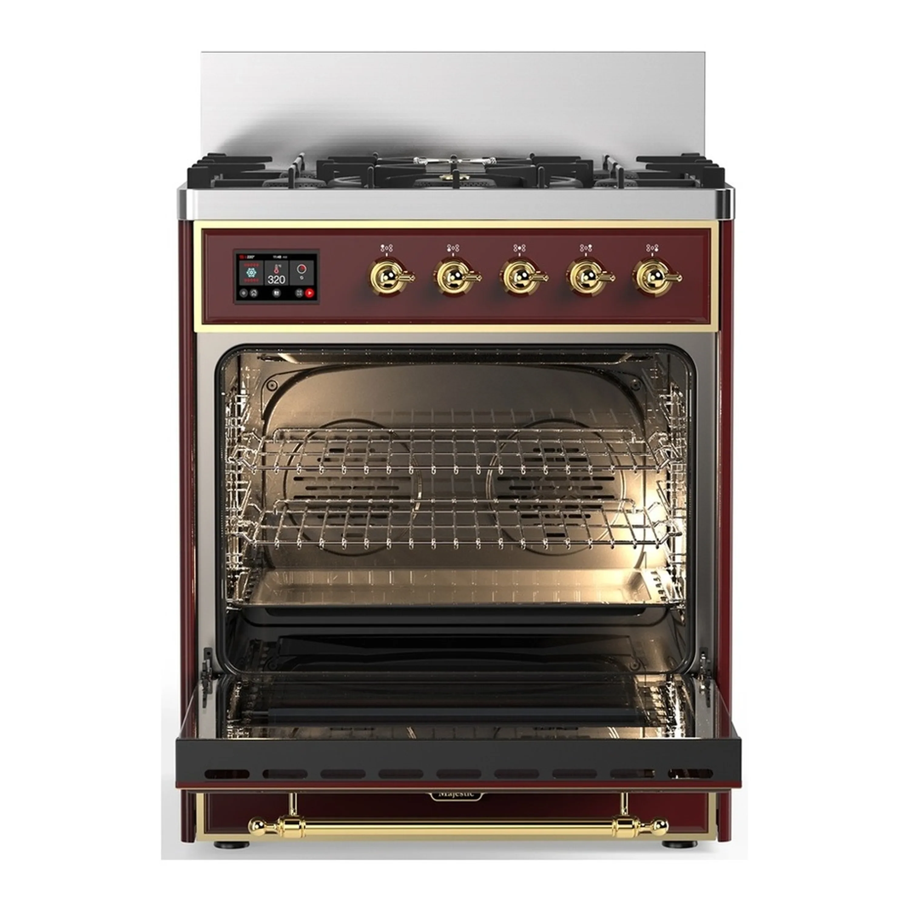 ILVE Majestic III 30-inch Dual Fuel Range with 5 Liquid Propane Burner and Solid Door Electric Oven in Burgundy with Brass Trim (UM30QNR3BUGLP) - Image 4