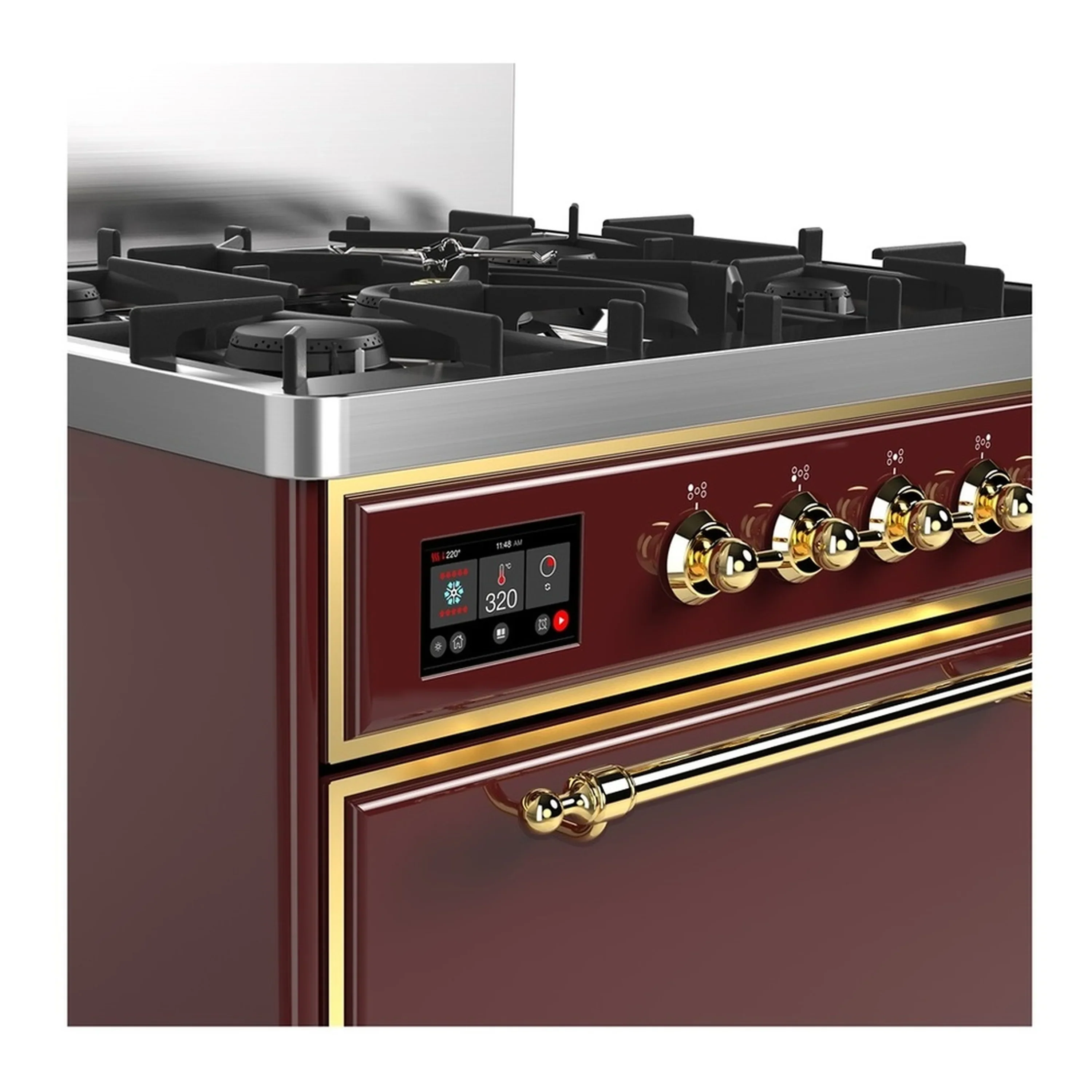 ILVE Majestic III 30-inch Dual Fuel Range with 5 Liquid Propane Burner and Solid Door Electric Oven in Burgundy with Brass Trim (UM30QNR3BUGLP) - Image 5