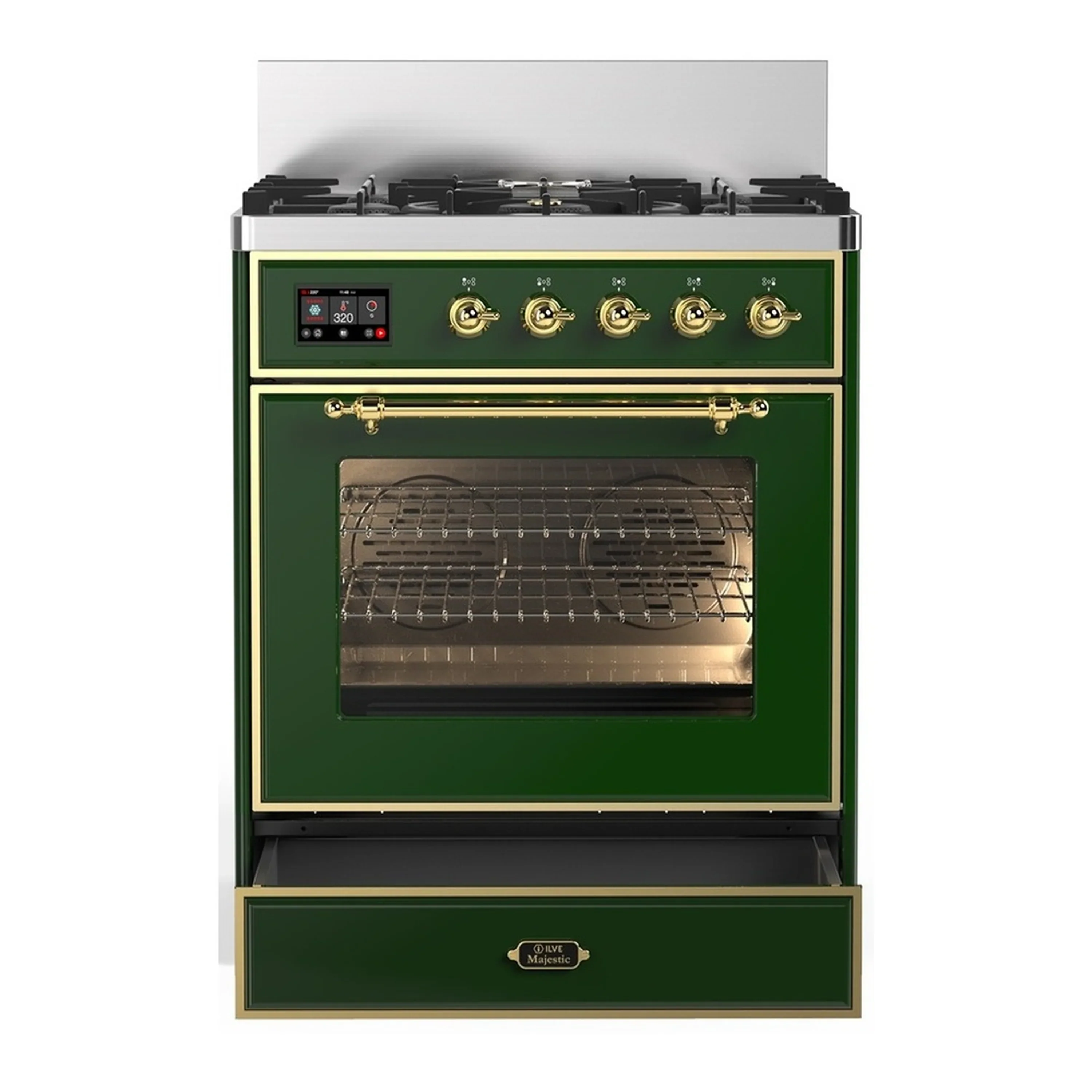 ILVE Majestic III 30-inch Dual Fuel Range with 5 Liquid Propane Burner and Triple Glass Door Electric Oven in Emerald Green with Brass Trim (UM30NR3EGGLP) - Image 3