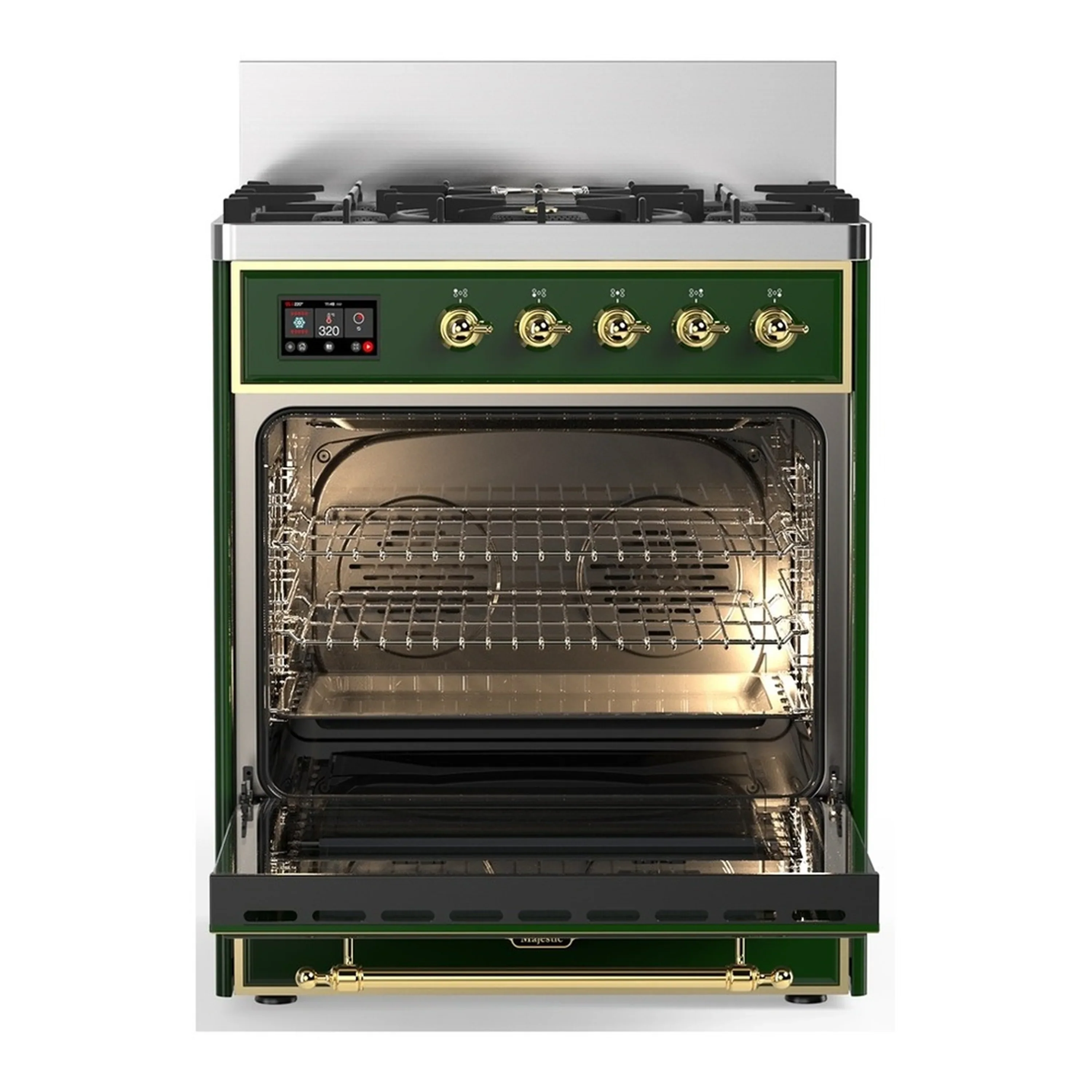 ILVE Majestic III 30-inch Dual Fuel Range with 5 Liquid Propane Burner and Triple Glass Door Electric Oven in Emerald Green with Brass Trim (UM30NR3EGGLP) - Image 4