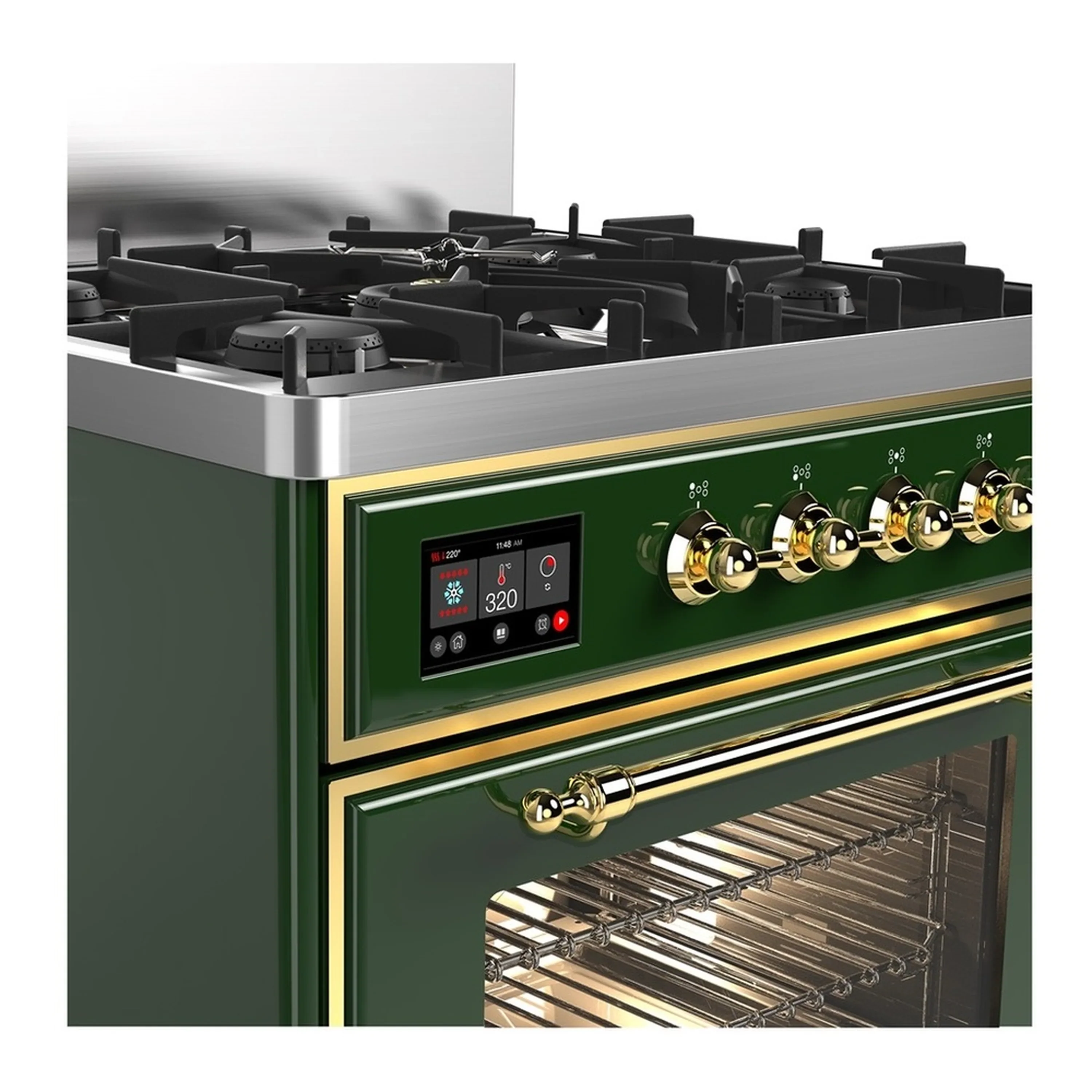 ILVE Majestic III 30-inch Dual Fuel Range with 5 Liquid Propane Burner and Triple Glass Door Electric Oven in Emerald Green with Brass Trim (UM30NR3EGGLP) - Image 5