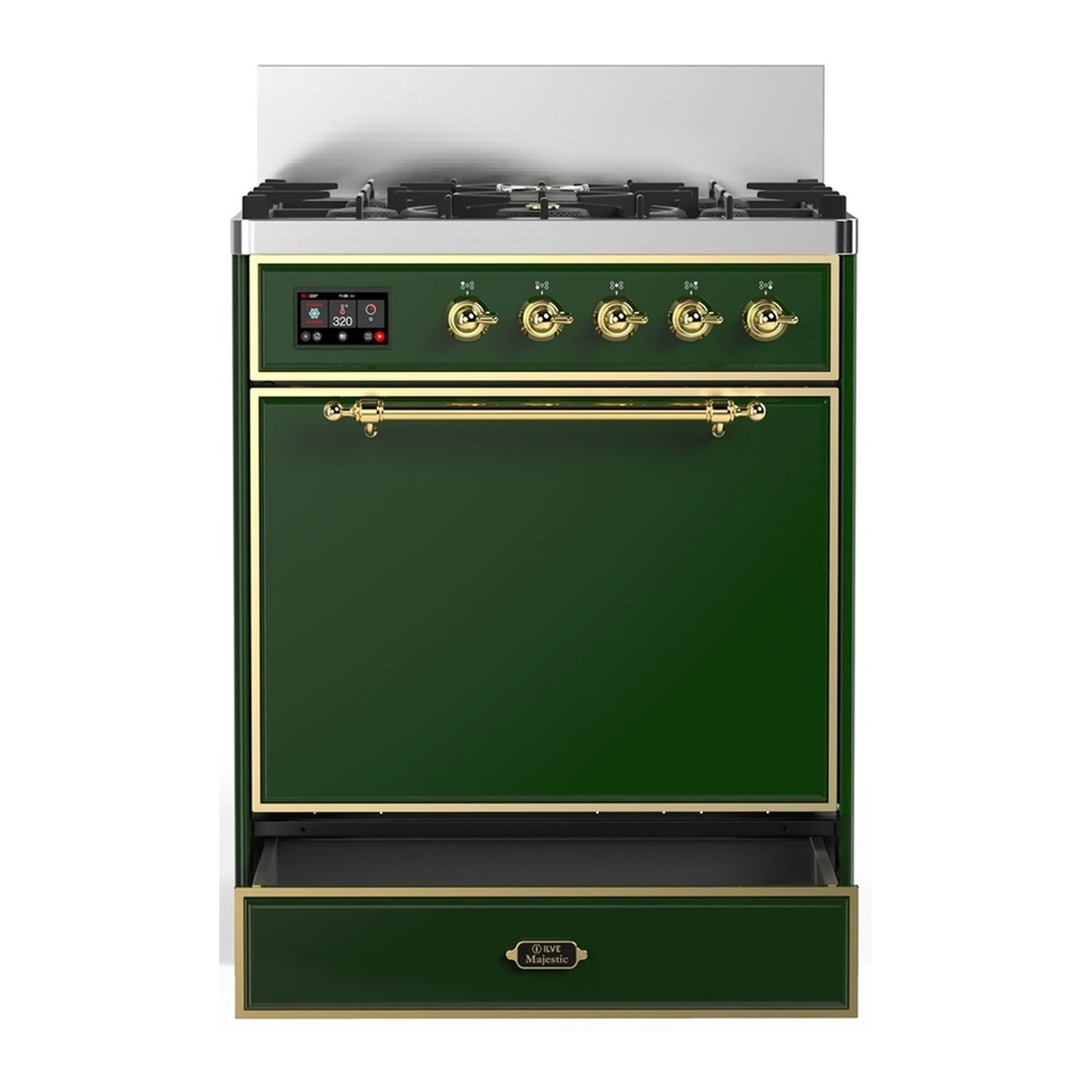 ILVE Majestic III 30-inch Dual Fuel Range with 5 Natural Gas Burner and Solid Door Electric Oven in Emerald Green with Brass Trim (UM30QNR3EGG) - Image 3