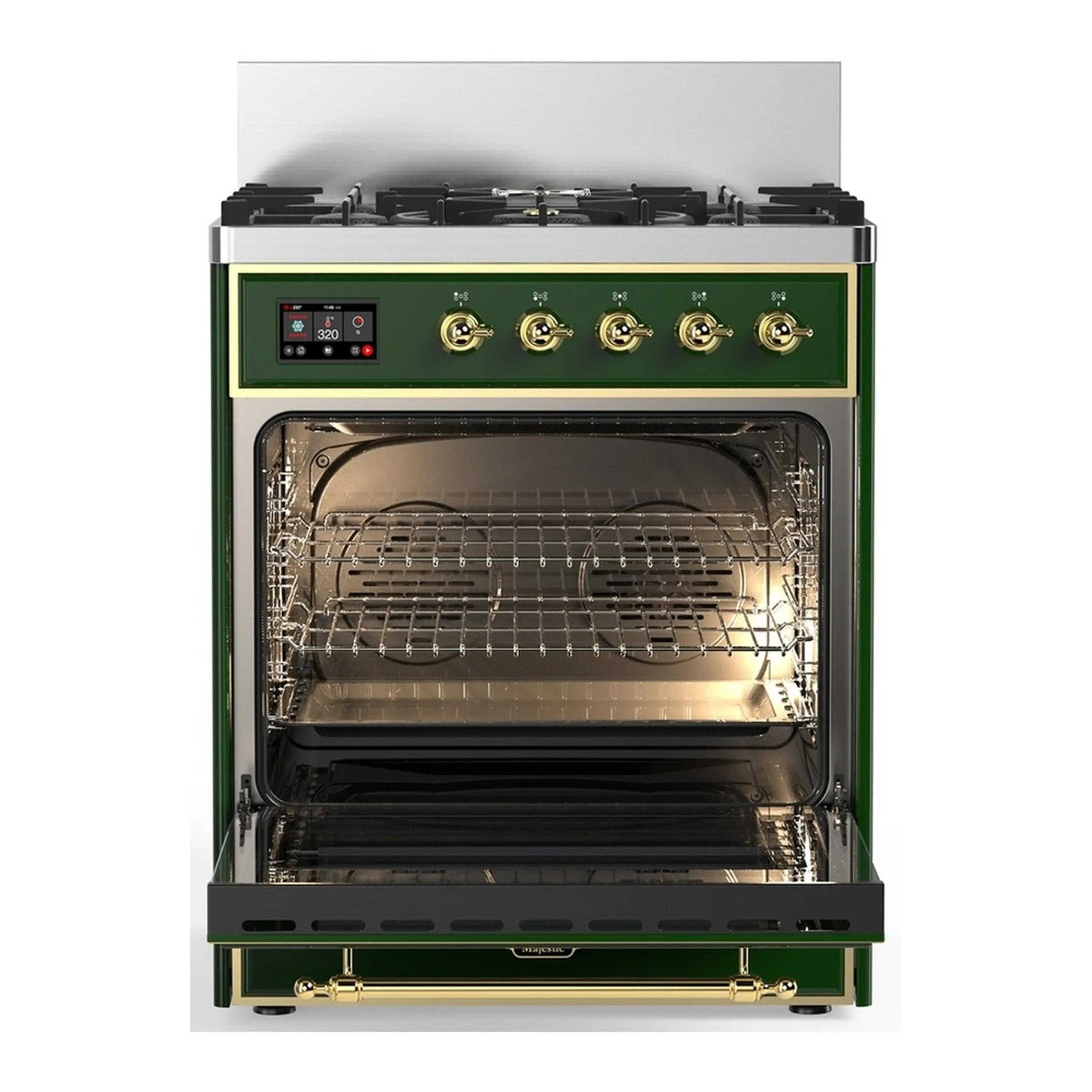 ILVE Majestic III 30-inch Dual Fuel Range with 5 Natural Gas Burner and Solid Door Electric Oven in Emerald Green with Brass Trim (UM30QNR3EGG) - Image 4