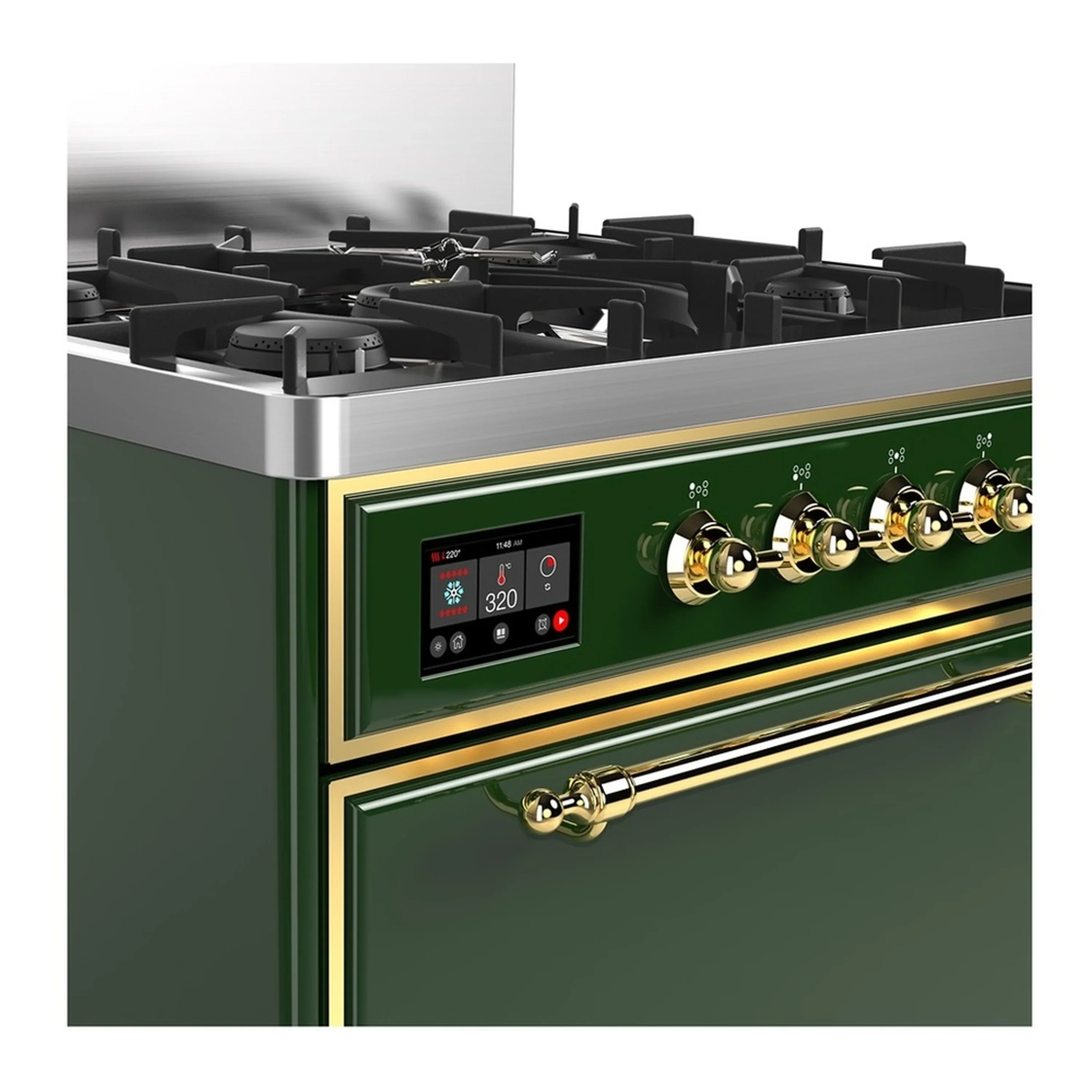 ILVE Majestic III 30-inch Dual Fuel Range with 5 Natural Gas Burner and Solid Door Electric Oven in Emerald Green with Brass Trim (UM30QNR3EGG) - Image 5
