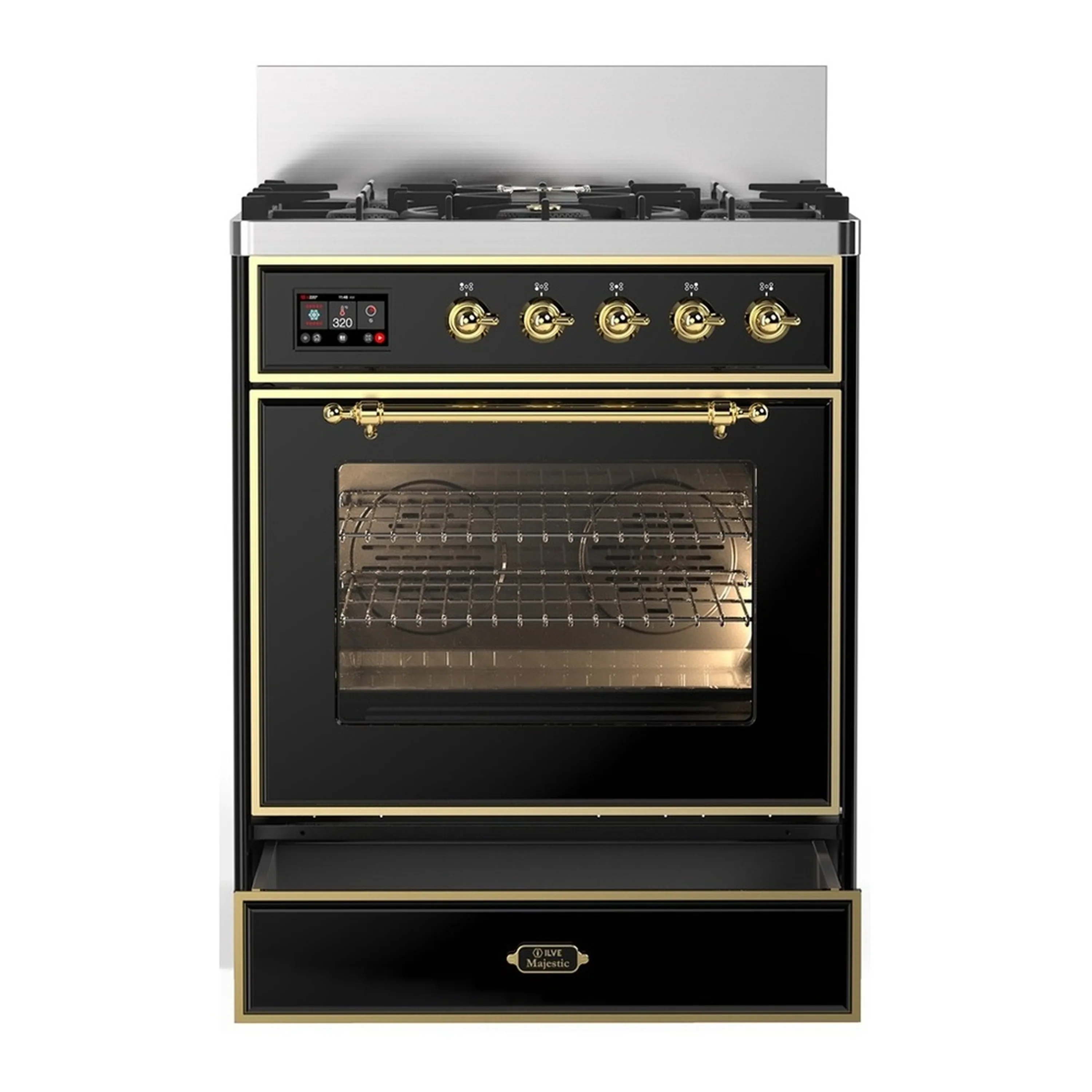 ILVE Majestic III 30-inch Dual Fuel Range with 5 Natural Gas Burner and Triple Glass Door Electric Oven in Glossy Black with Brass Trim (UM30NR3BKG) - Image 3
