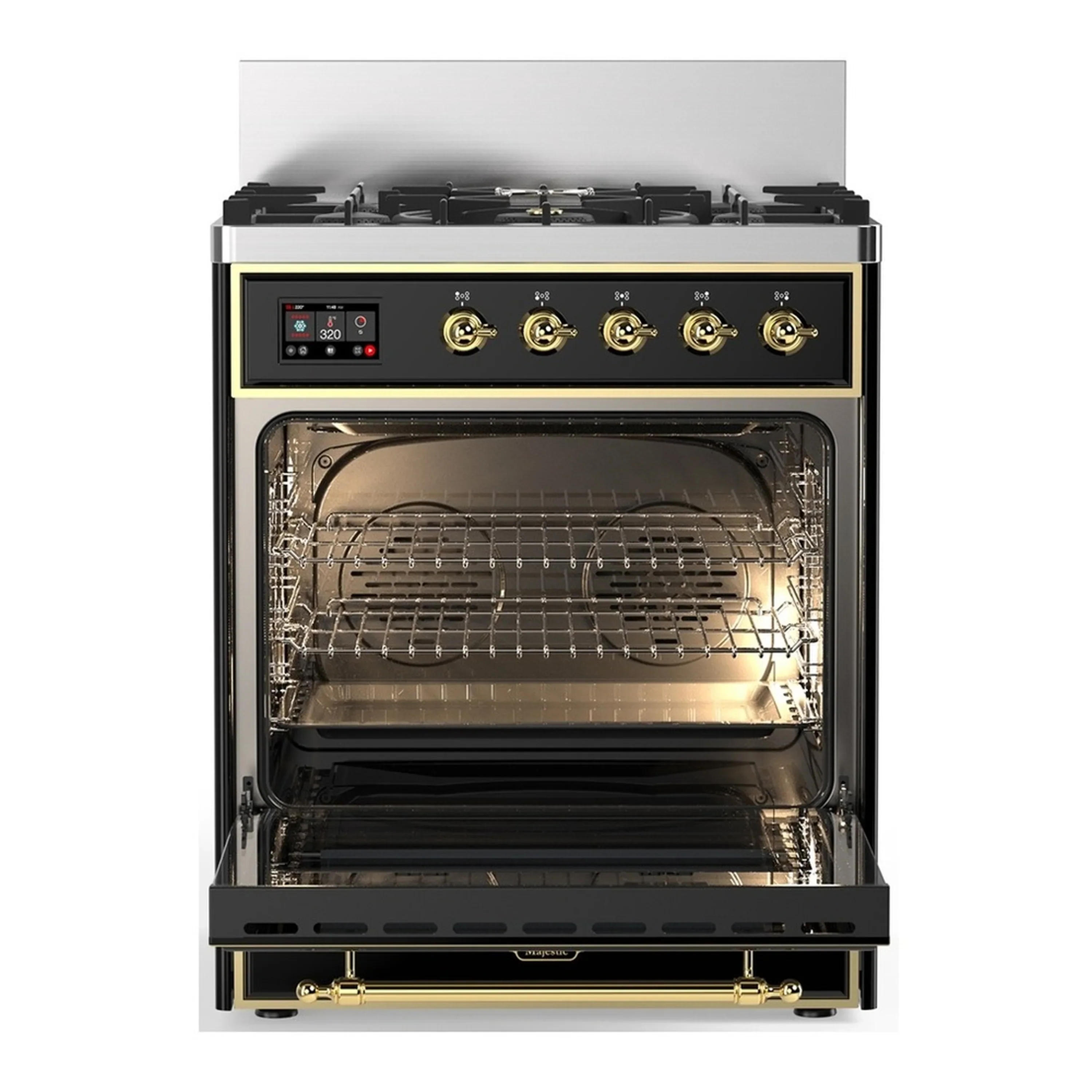 ILVE Majestic III 30-inch Dual Fuel Range with 5 Natural Gas Burner and Triple Glass Door Electric Oven in Glossy Black with Brass Trim (UM30NR3BKG) - Image 4