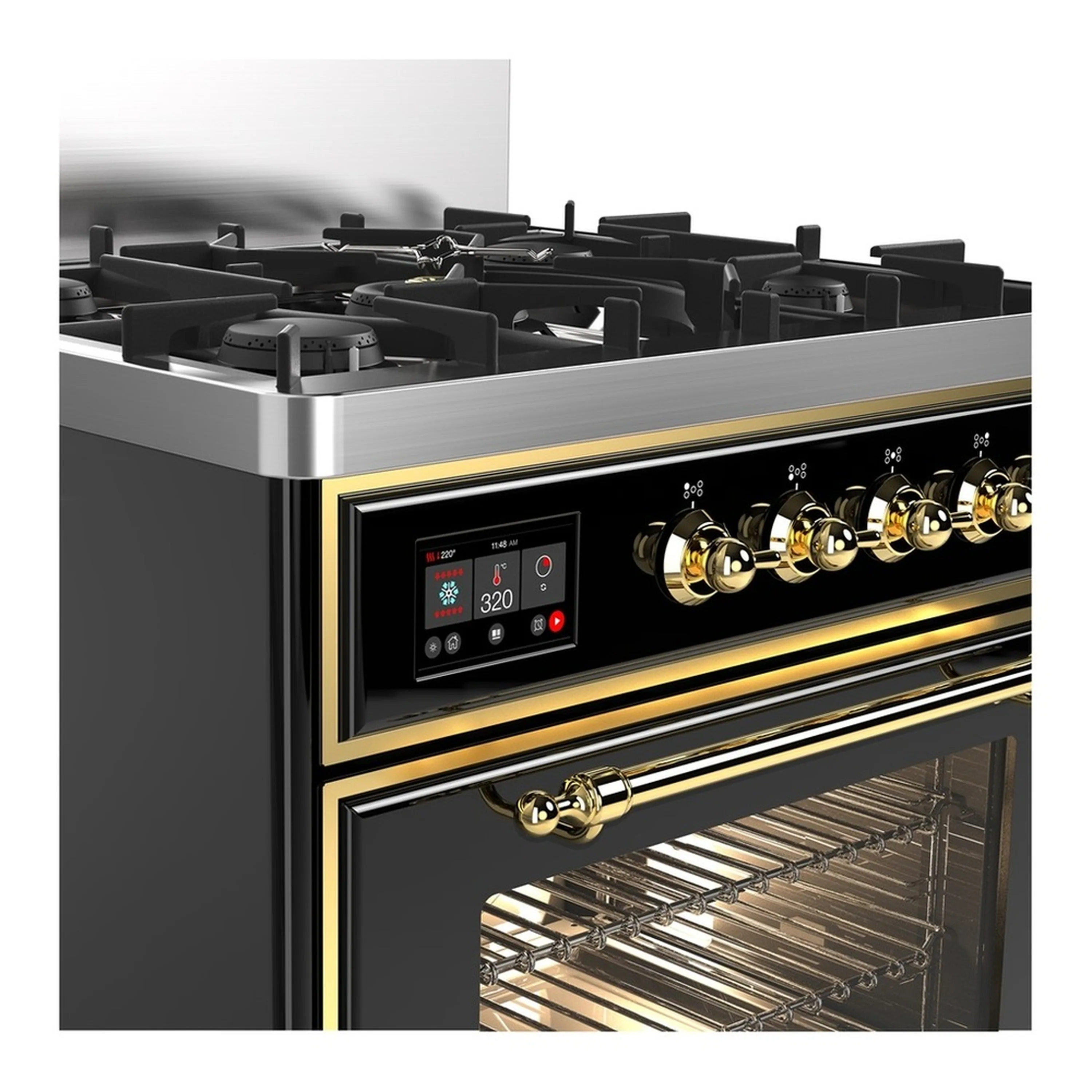 ILVE Majestic III 30-inch Dual Fuel Range with 5 Natural Gas Burner and Triple Glass Door Electric Oven in Glossy Black with Brass Trim (UM30NR3BKG) - Image 5