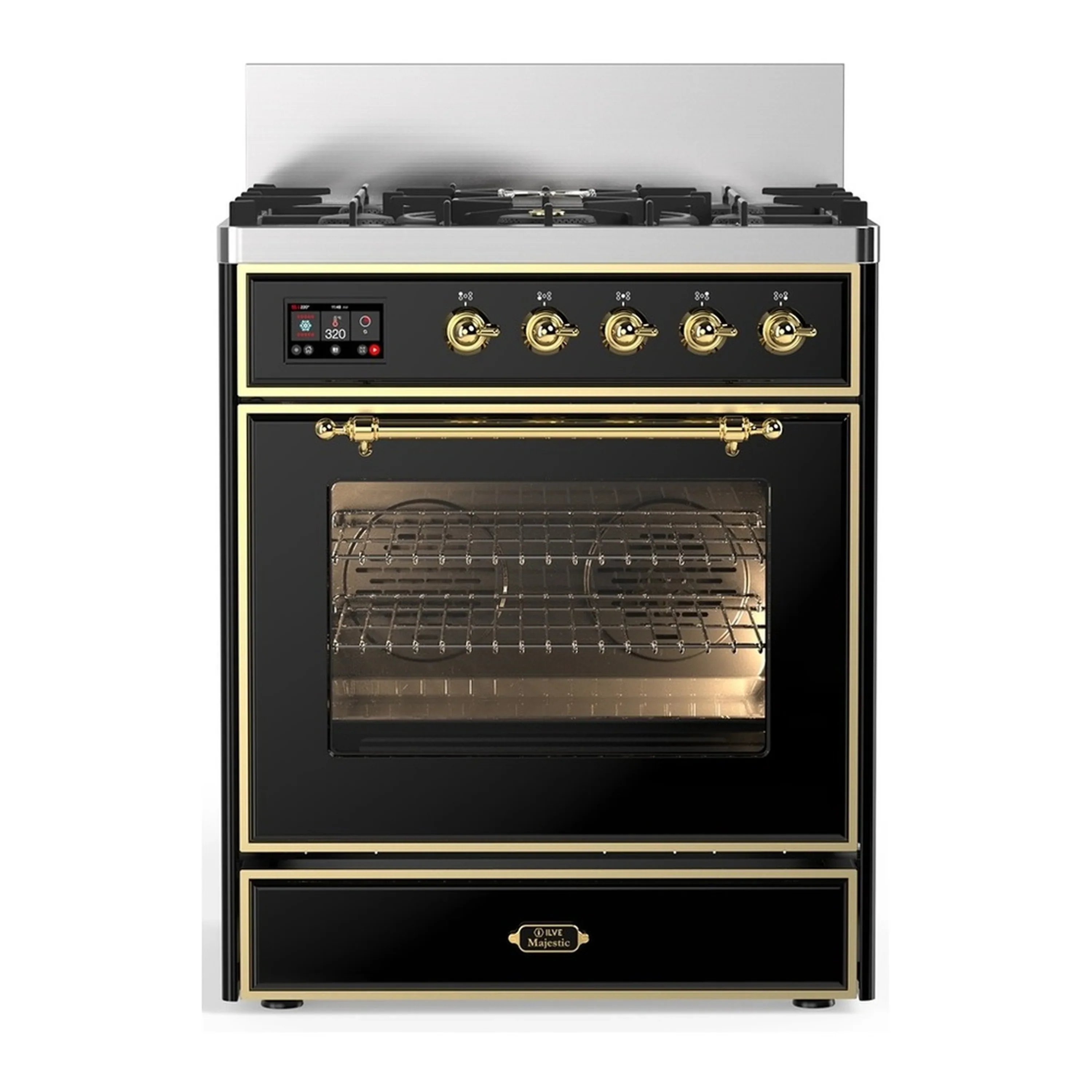 ILVE Majestic III 30-inch Dual Fuel Range with 5 Liquid Propane Burner and Triple Glass Door Electric Oven in Glossy Black with Brass Trim (UM30NR3BKGLP) - Image 3
