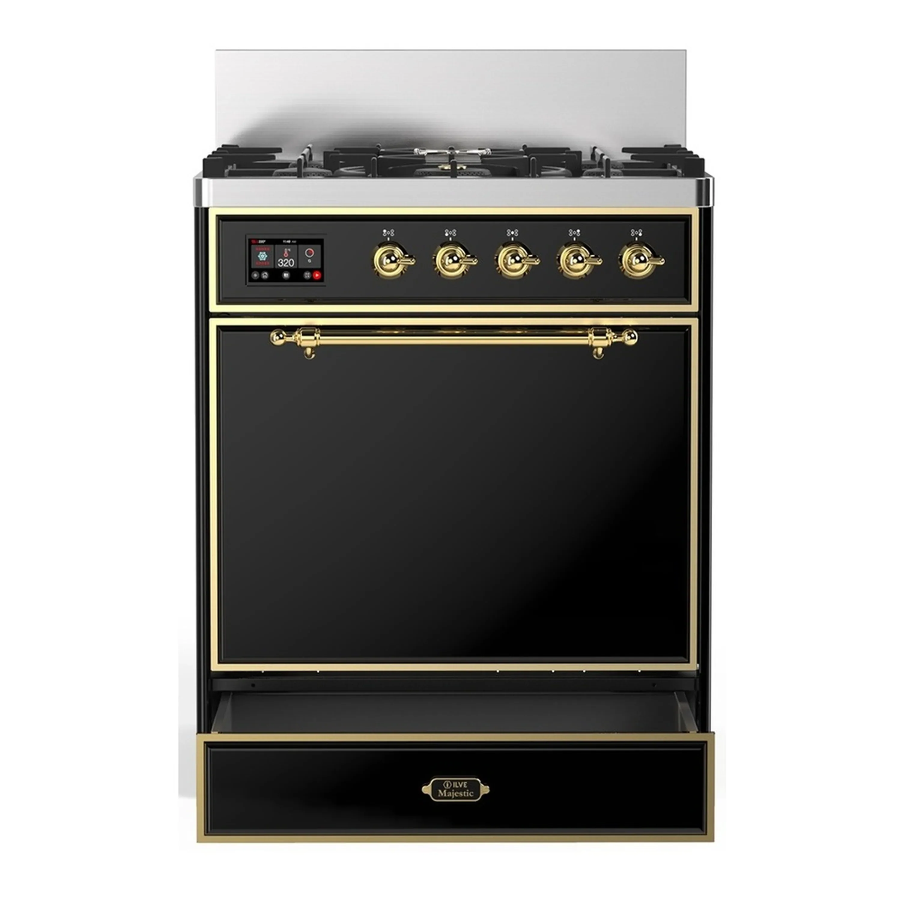 ILVE Majestic III 30-inch Dual Fuel Range with 5 Liquid Propane Burner and Solid Door Electric Oven in Glossy Black with Brass Trim (UM30QNR3BKGLP) - Image 3