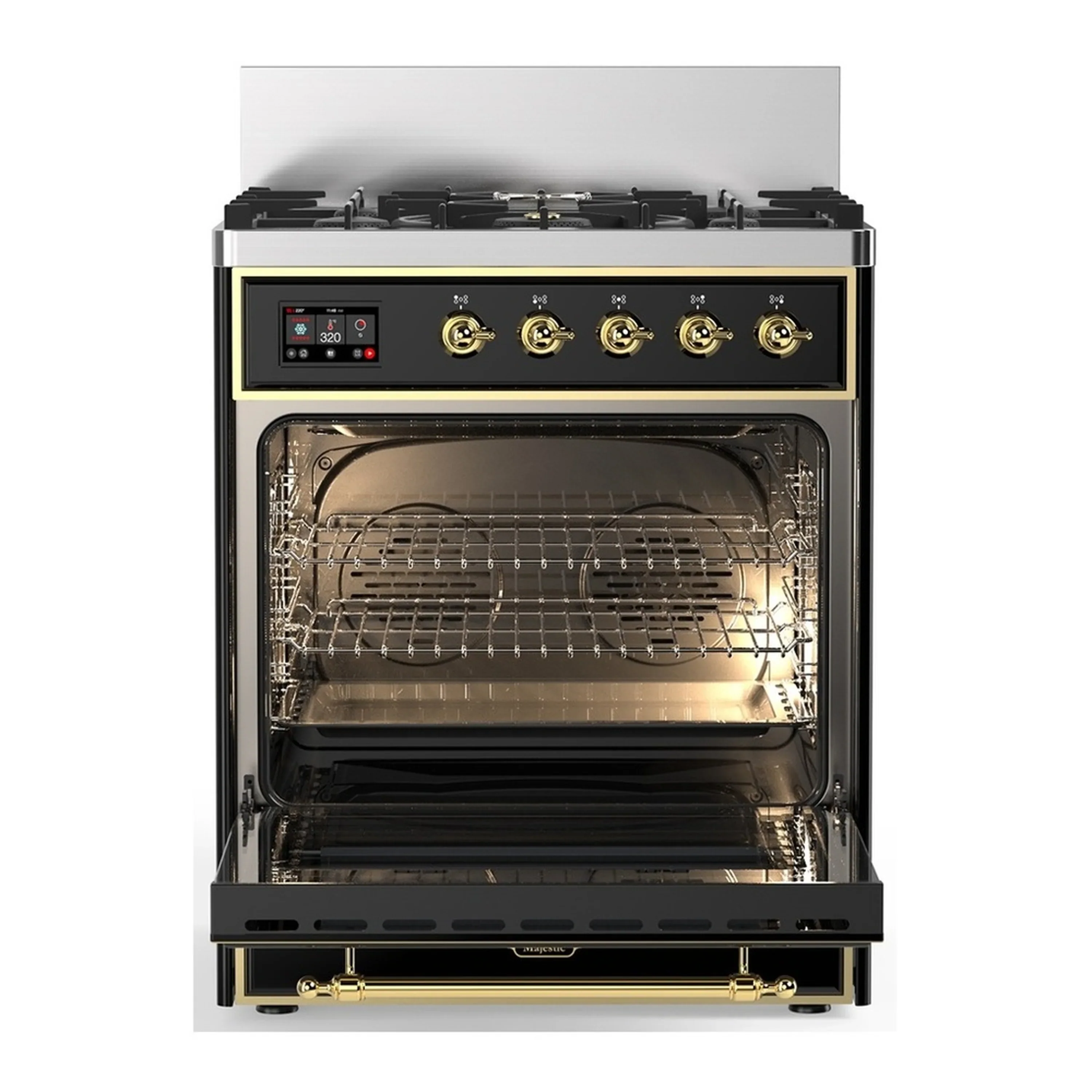 ILVE Majestic III 30-inch Dual Fuel Range with 5 Liquid Propane Burner and Solid Door Electric Oven in Glossy Black with Brass Trim (UM30QNR3BKGLP) - Image 4