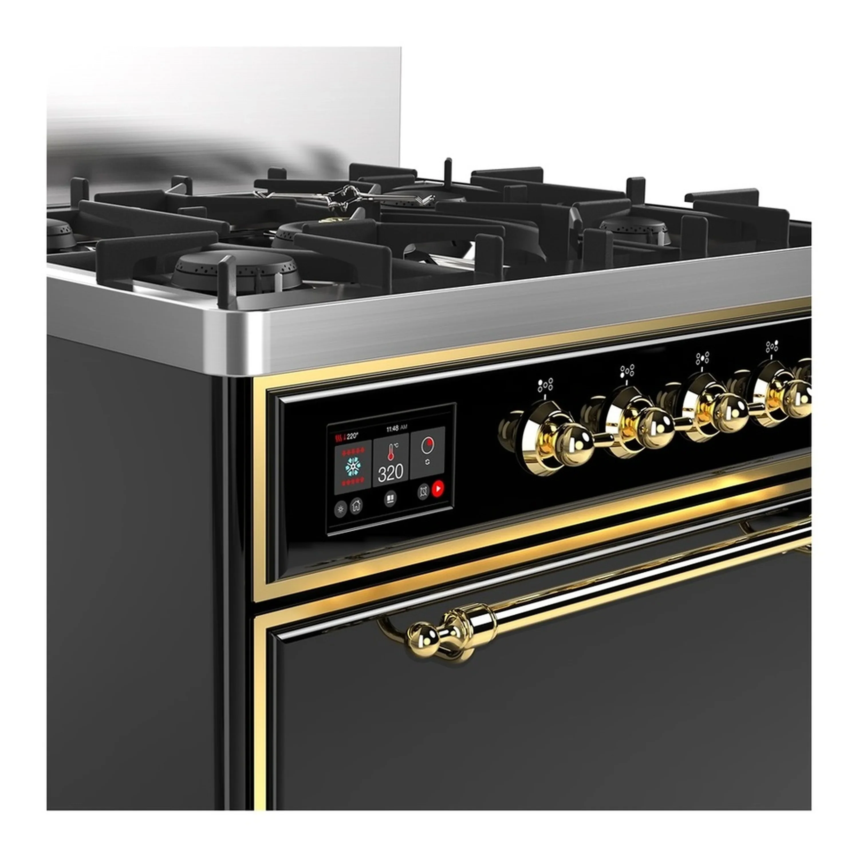ILVE Majestic III 30-inch Dual Fuel Range with 5 Liquid Propane Burner and Solid Door Electric Oven in Glossy Black with Brass Trim (UM30QNR3BKGLP) - Image 5