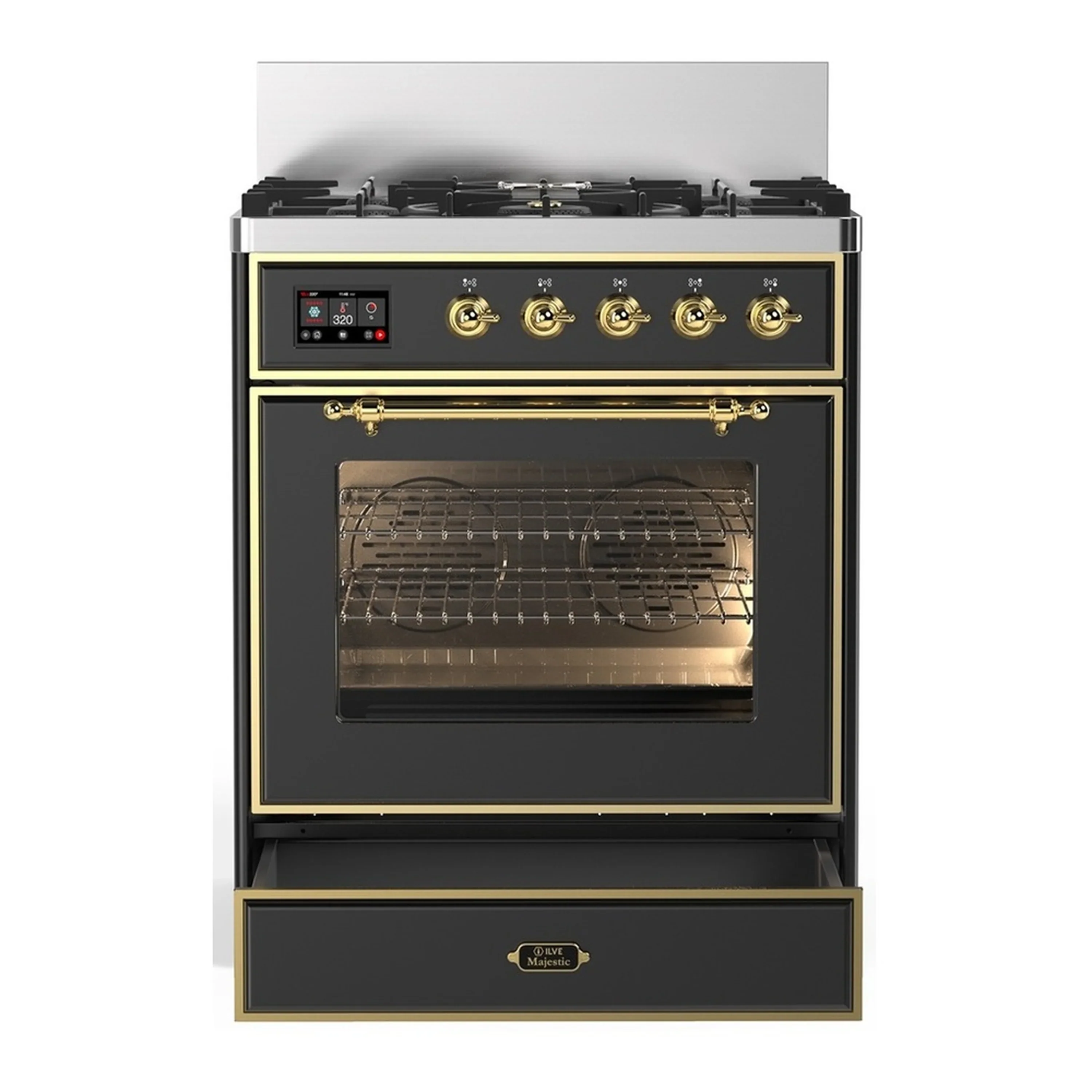 ILVE Majestic III 30-inch Dual Fuel Range with 5 Natural Gas Burner and Triple Glass Door Electric Oven in Graphite Matte with Brass Trim (UM30NR3MGG) - Image 3
