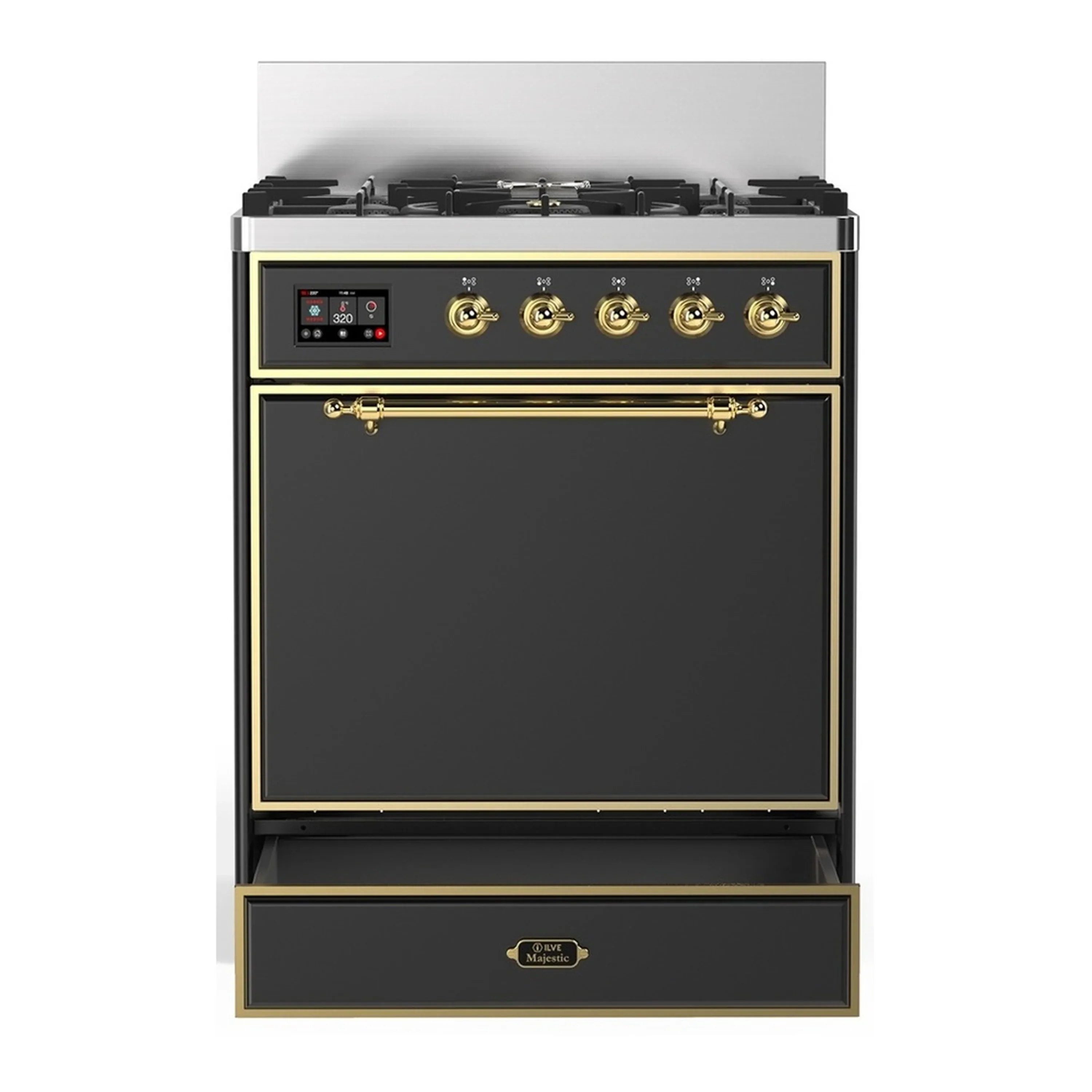 ILVE Majestic III 30-inch Dual Fuel Range with 5 Natural Gas Burner and Solid Door Electric Oven in Graphite Matte with Brass Trim (UM30QNR3MGG) - Image 3