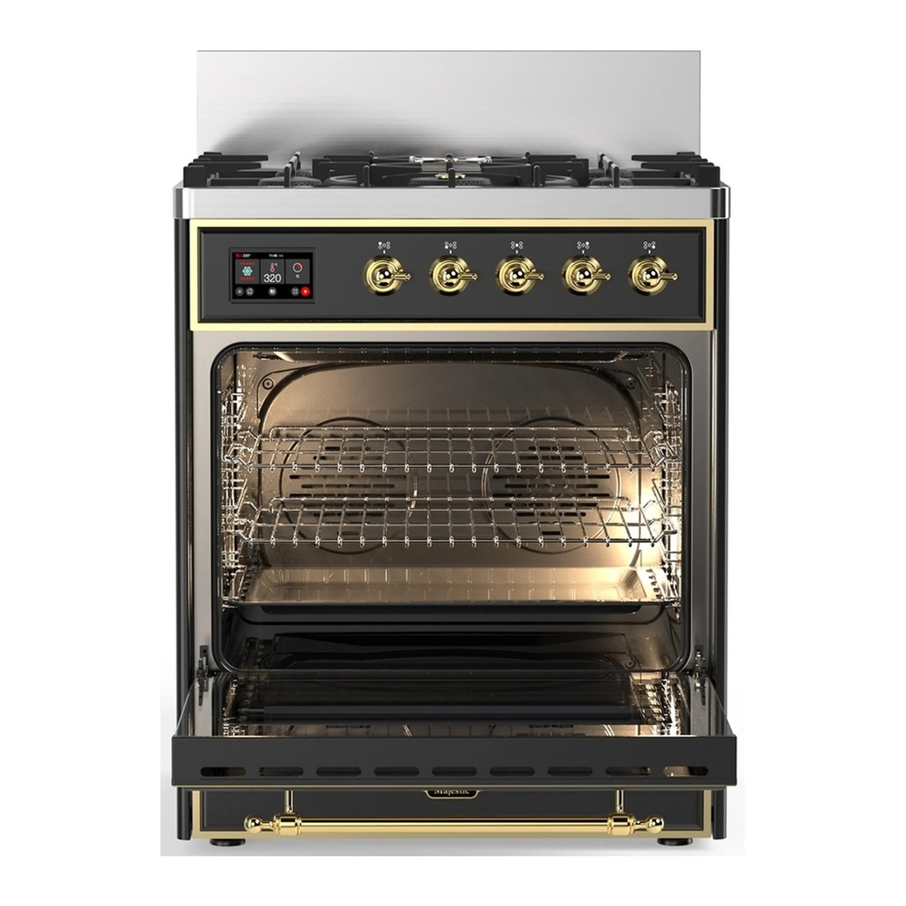 ILVE Majestic III 30-inch Dual Fuel Range with 5 Natural Gas Burner and Solid Door Electric Oven in Graphite Matte with Brass Trim (UM30QNR3MGG) - Image 4