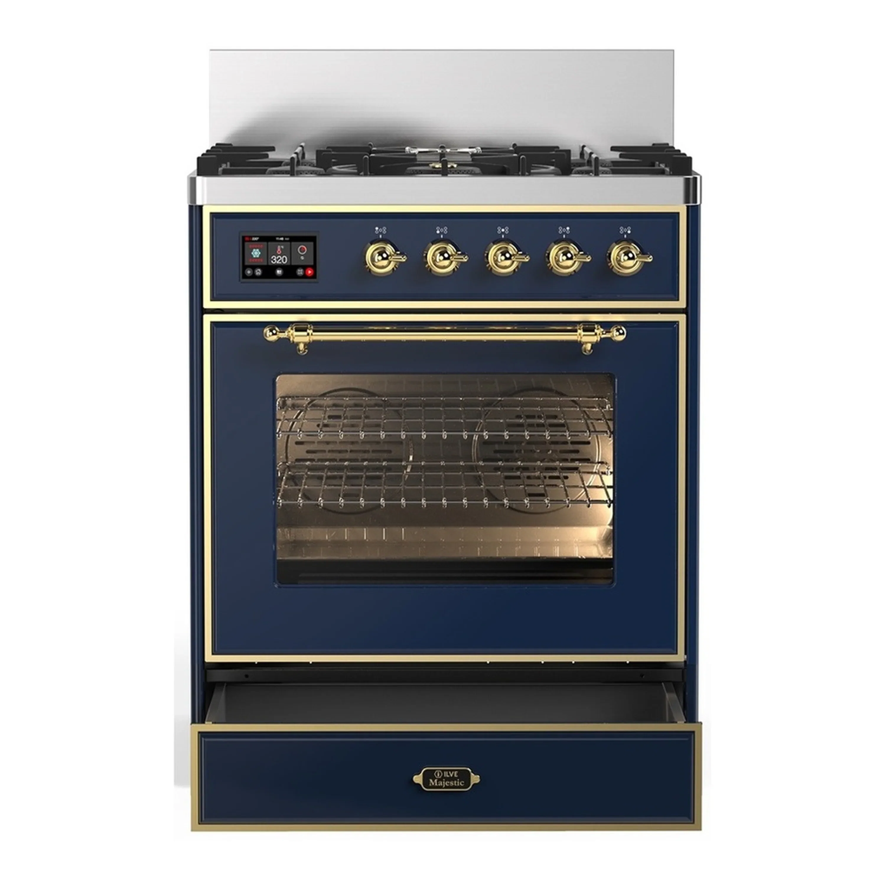 ILVE Majestic III 30-inch Dual Fuel Range with 5 Natural Gas Burner and Triple Glass Door Electric Oven in Blue Grey with Brass Trim (UM30NR3MBG) - Image 3