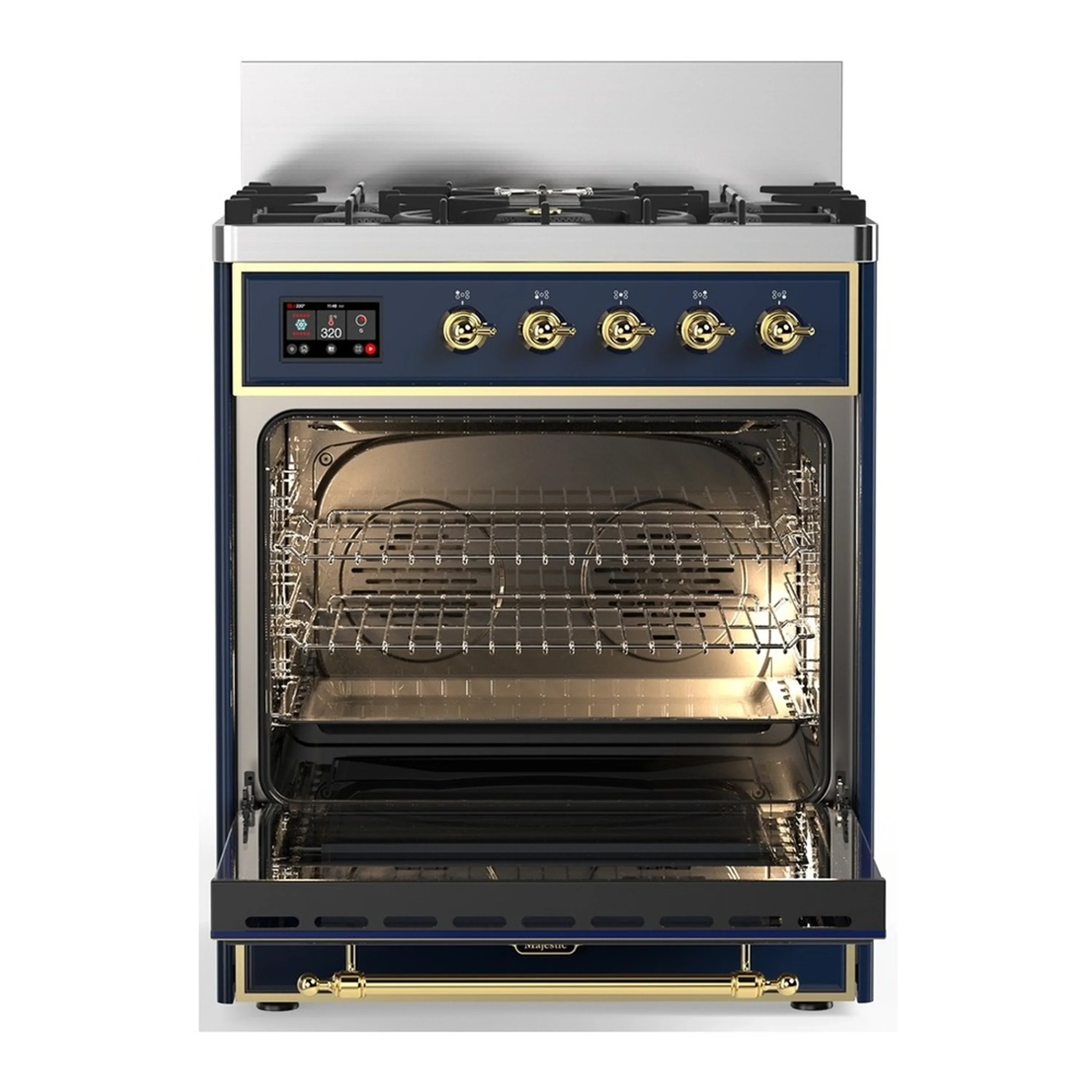 ILVE Majestic III 30-inch Dual Fuel Range with 5 Liquid Propane Burner and Triple Glass Door Electric Oven in Blue Grey with Brass Trim (UM30NR3MBGLP) - Image 4