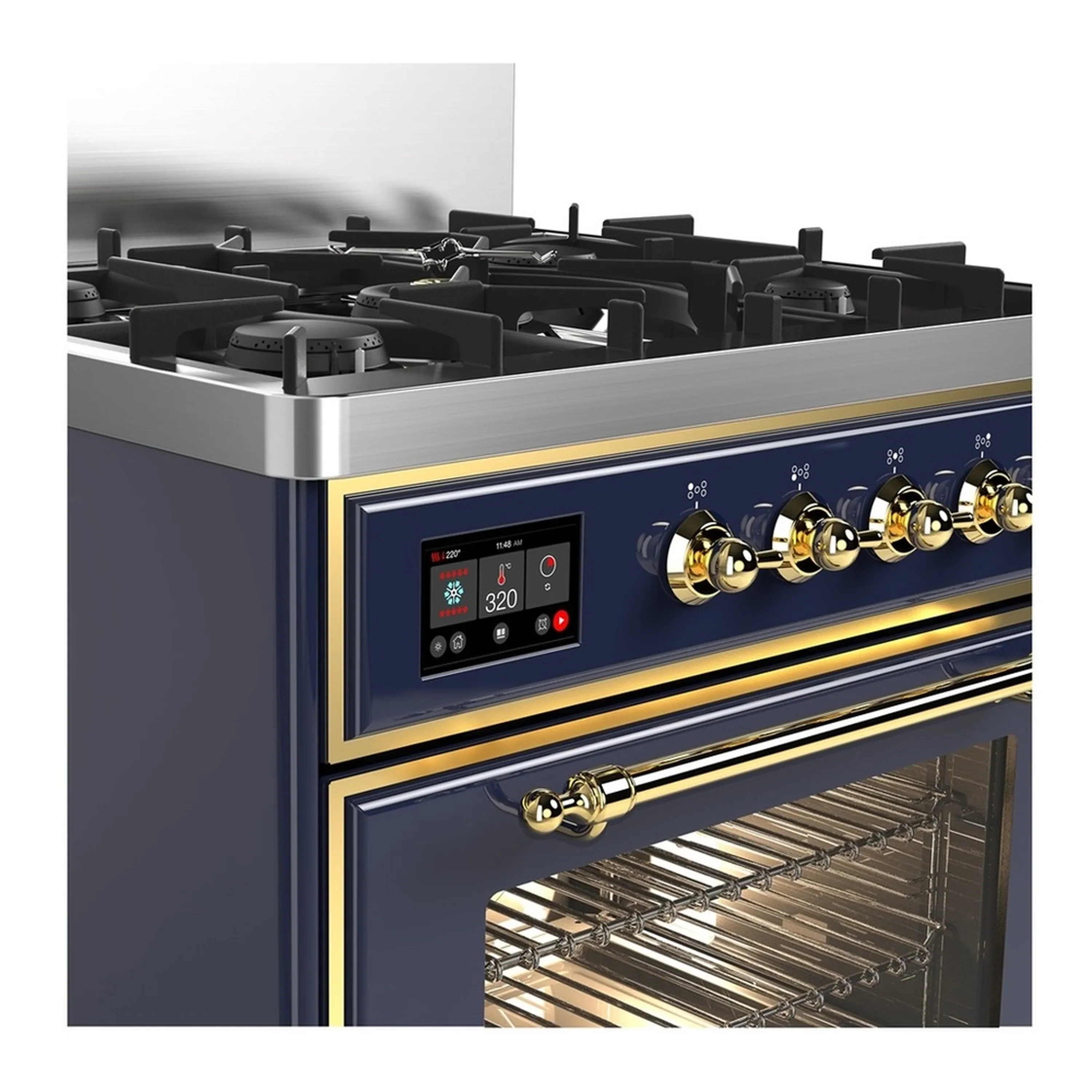 ILVE Majestic III 30-inch Dual Fuel Range with 5 Liquid Propane Burner and Triple Glass Door Electric Oven in Blue Grey with Brass Trim (UM30NR3MBGLP) - Image 5