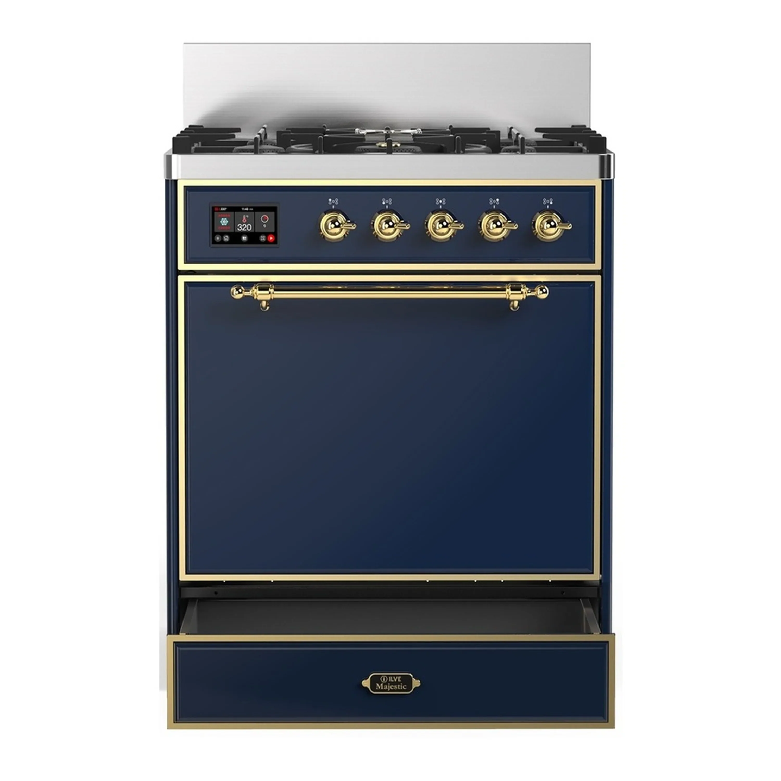 ILVE Majestic III 30-inch Dual Fuel Range with 5 Liquid Propane Burner and Solid Door Electric Oven in Blue Grey with Brass Trim (UM30QNR3MBGLP) - Image 3